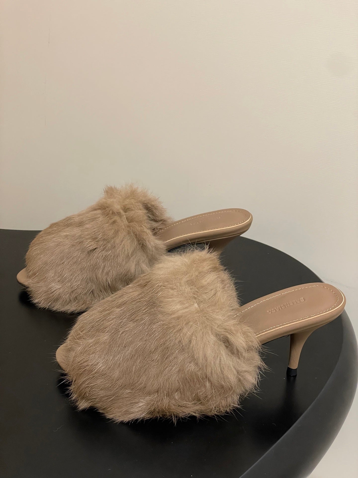 BEIGE FUR STRAP MULE HEELS