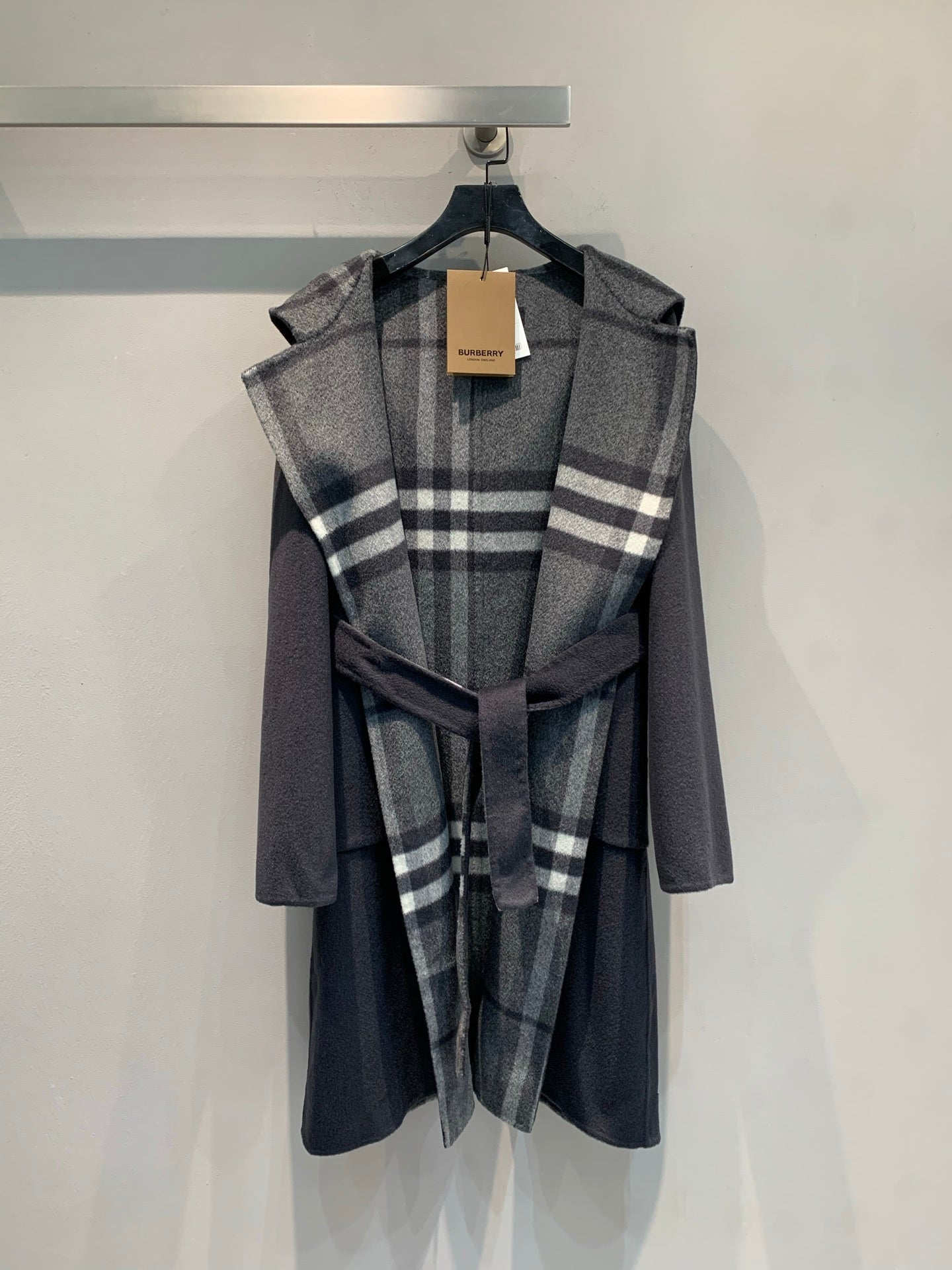 CHECK PANEL BELTED HOODED COAT