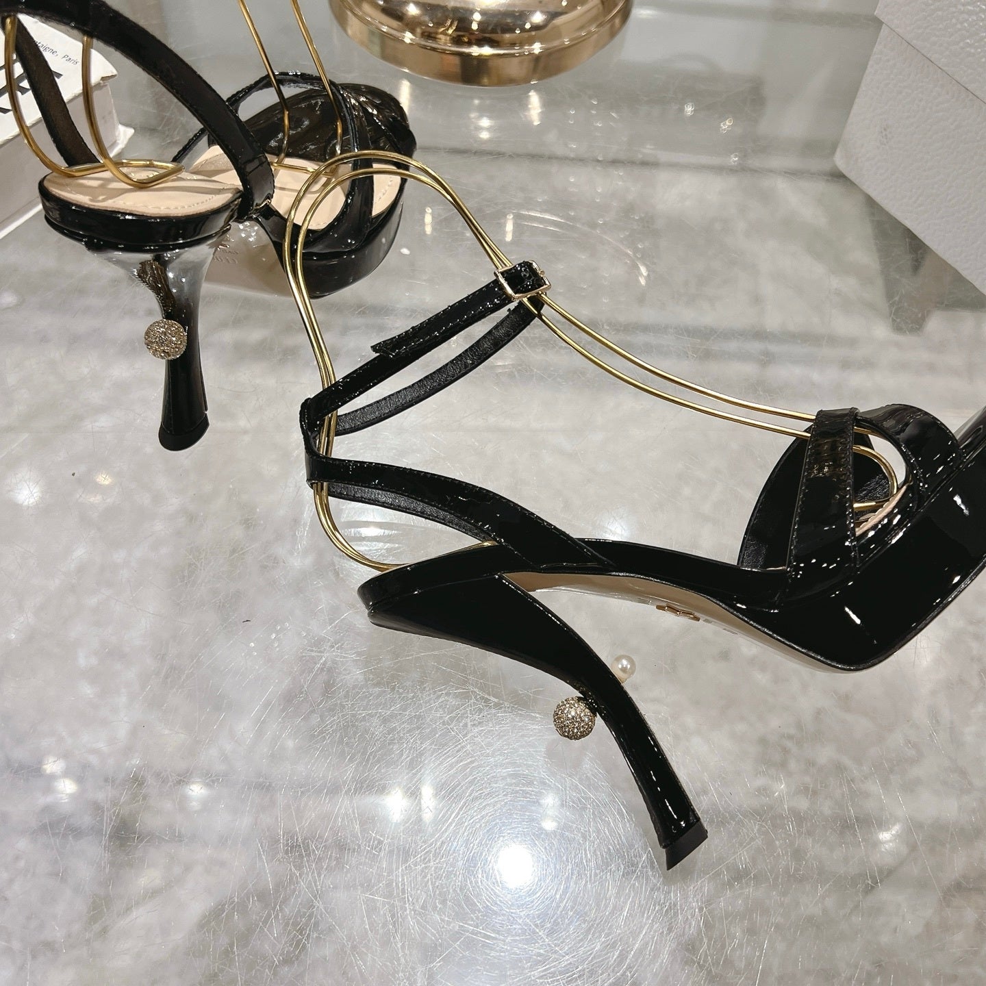 PATENT PLATFORM STRAPPY HEELS – BLACK