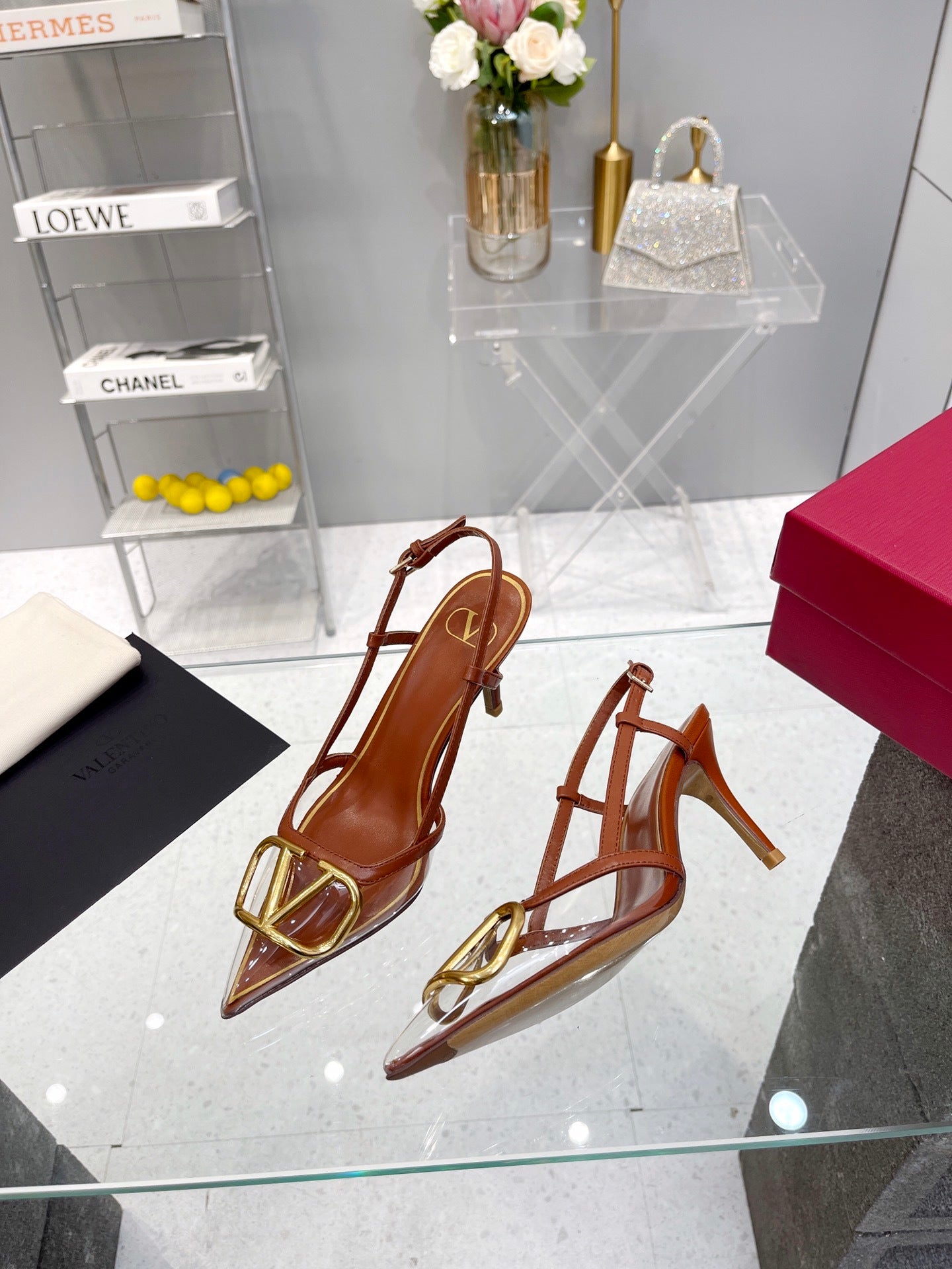 CLEAR SLINGBACK HEELS – CARAMEL BROWN WITH GOLD LOGO DETAIL