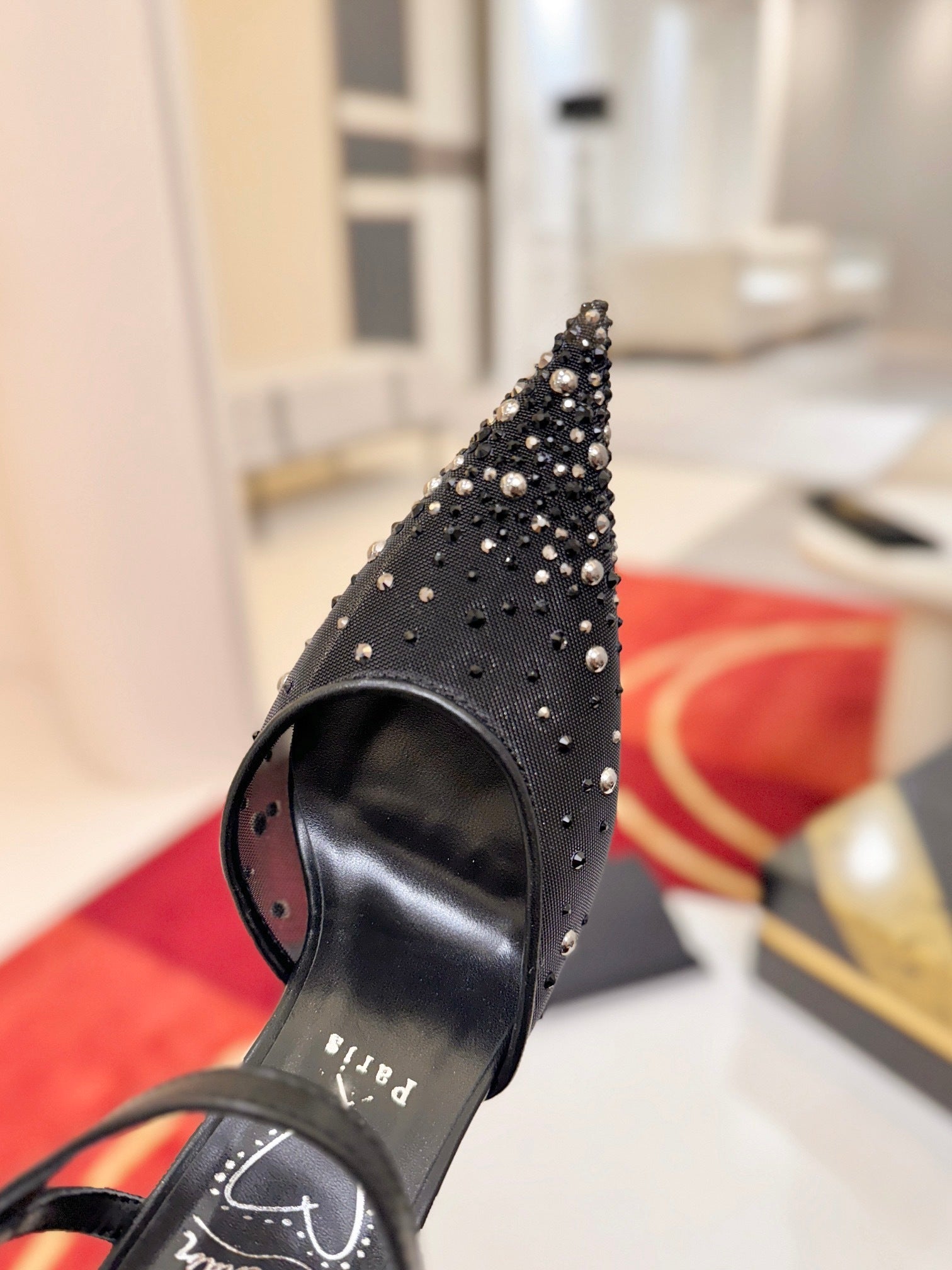 BLACK EMBELLISHED STRAP POINTED HEELS