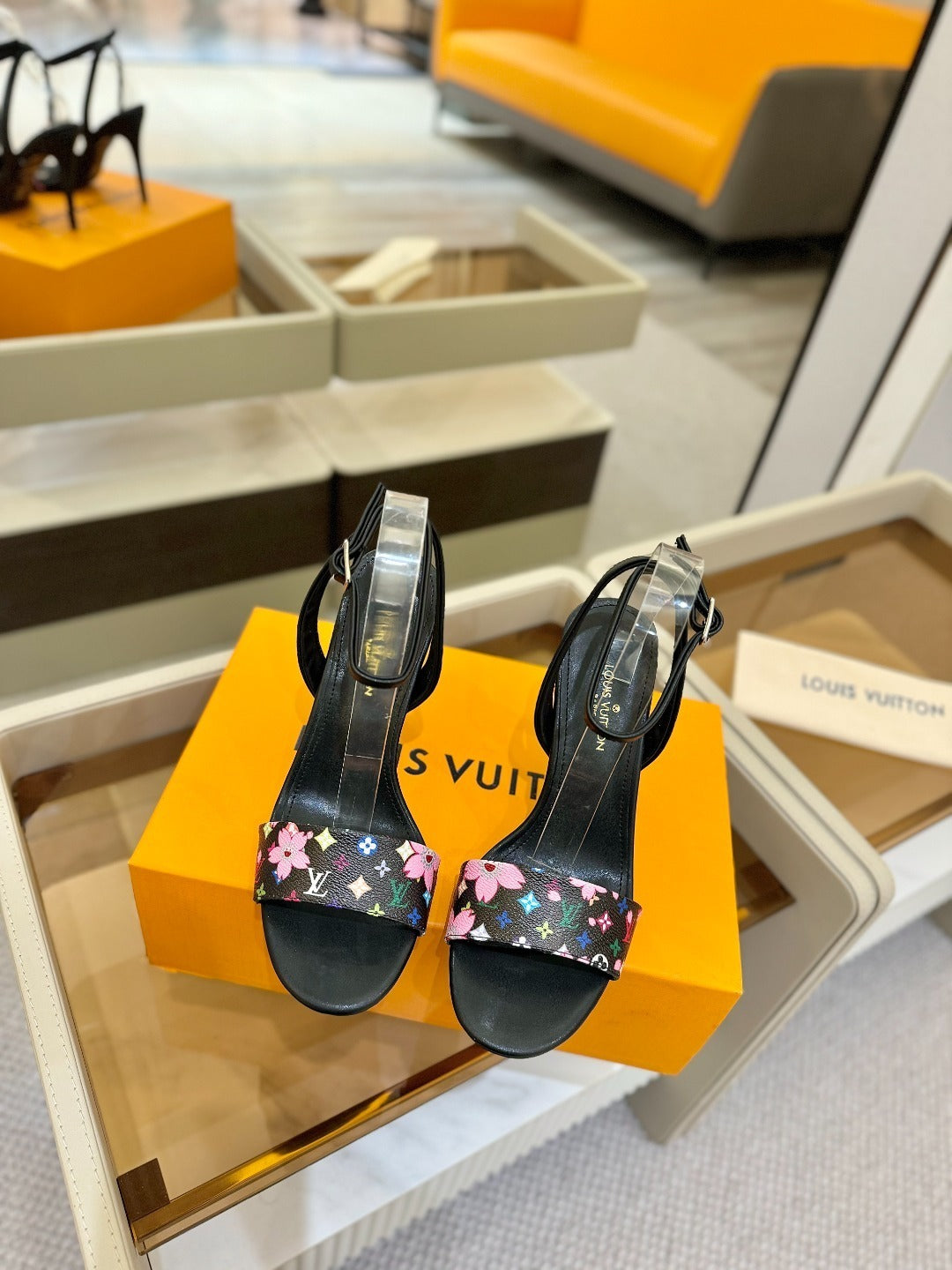 FLORAL MONOGRAM STRAP STILETTO SANDALS – BLACK