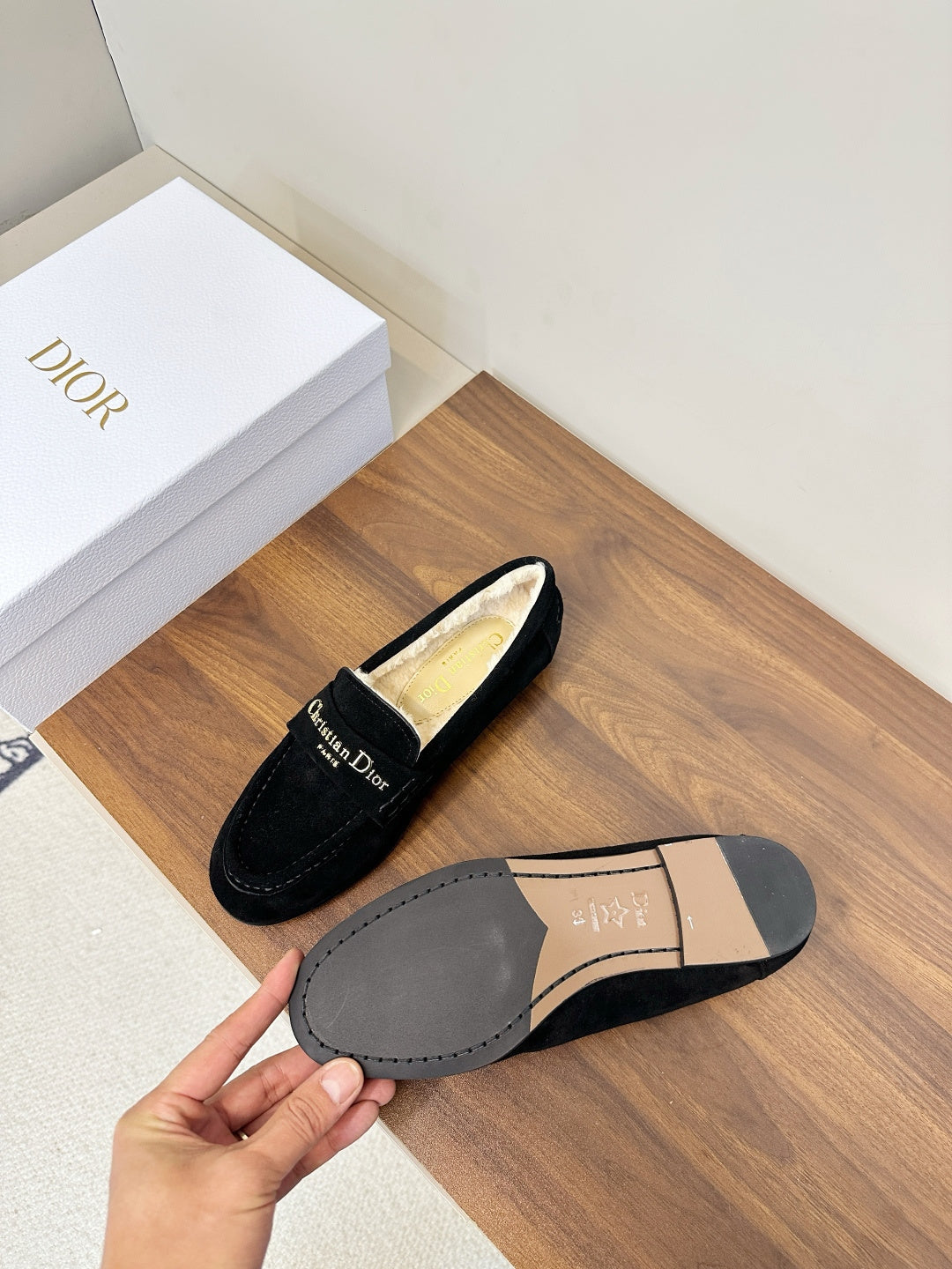 BLACK SUEDE FUR-LINED LOAFERS