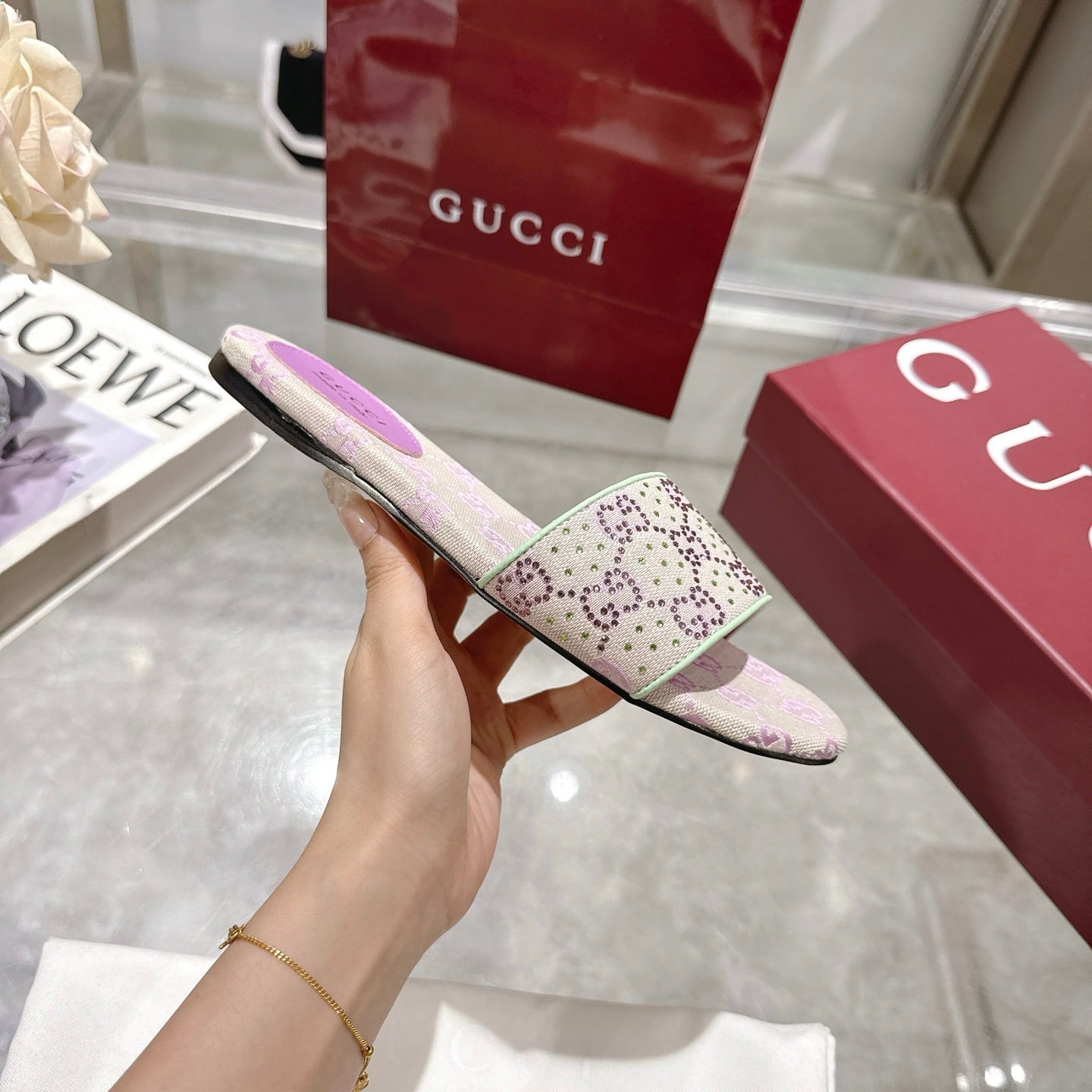 PINK EMBELLISHED SLIDE SANDALS