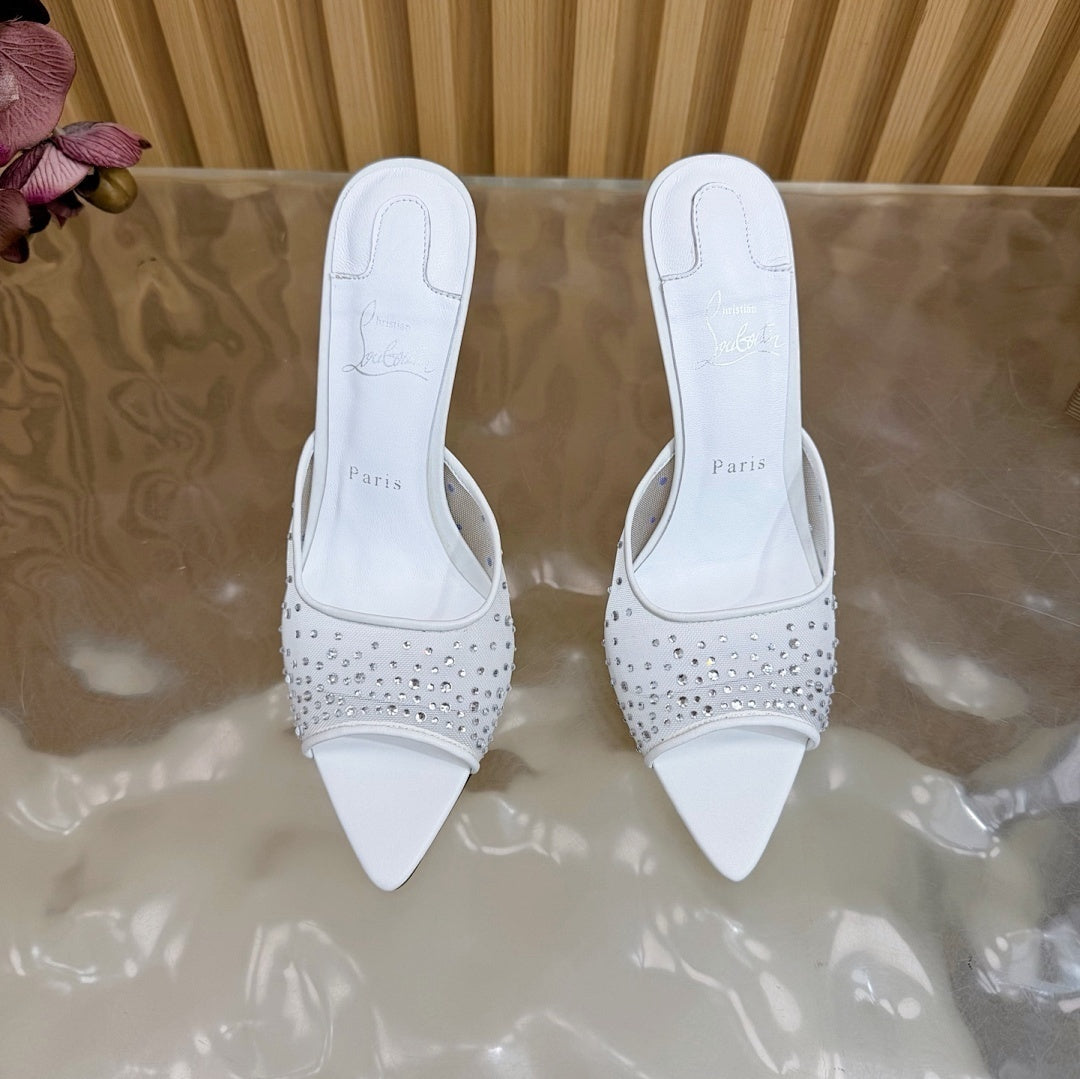 WHITE RHINESTONE MULE HEELS