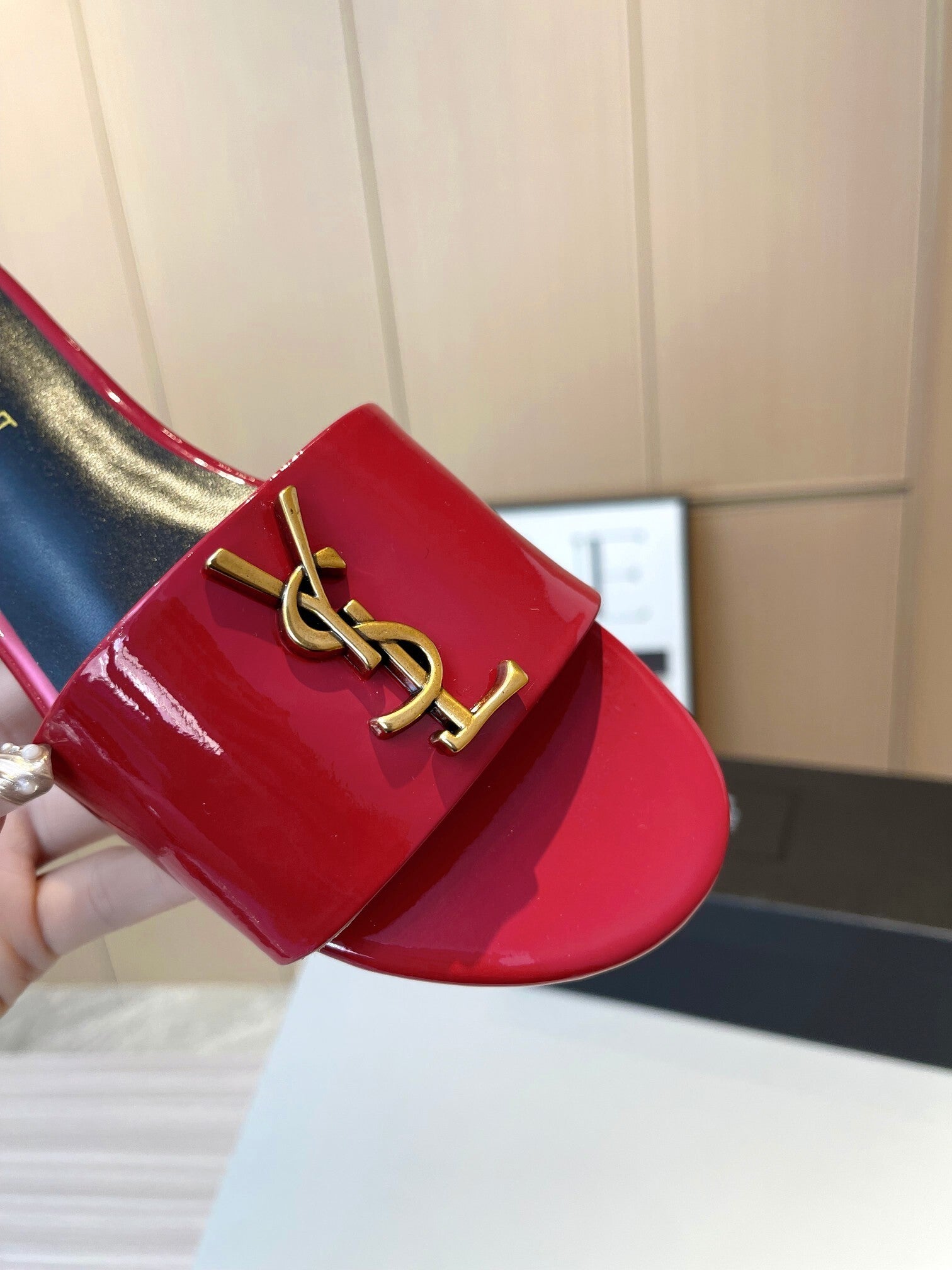 RED PATENT SLIDE SANDALS