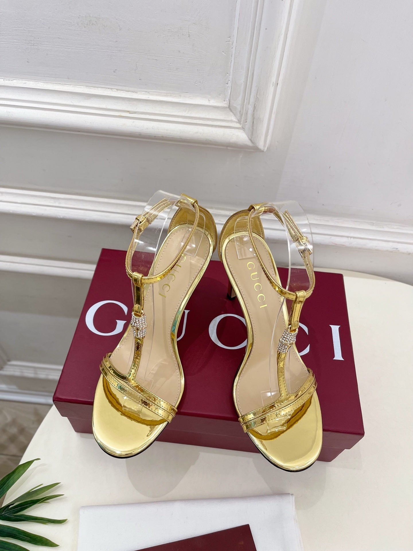 GOLD TRANSPARENT STRAPPY HEEL SANDALS