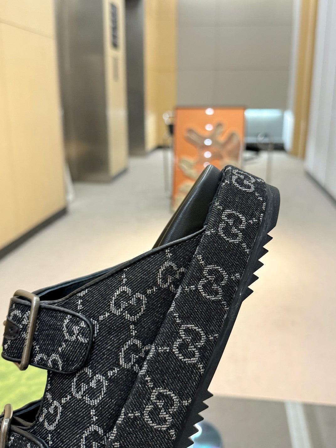 BLACK MONOGRAM DOUBLE-STRAP PLATFORM SANDALS