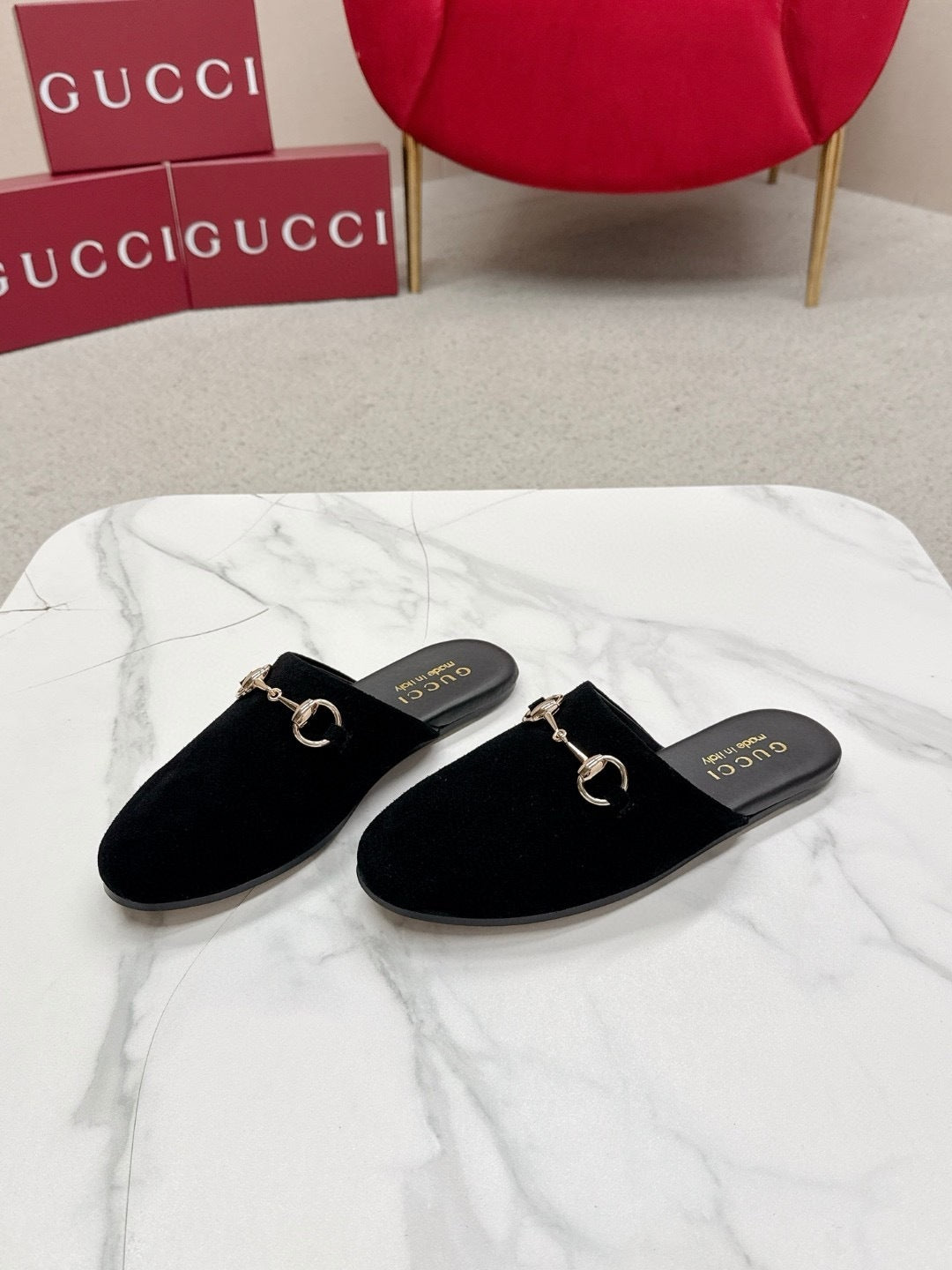 BLACK SUEDE HORSEBIT SLIP-ON MULES