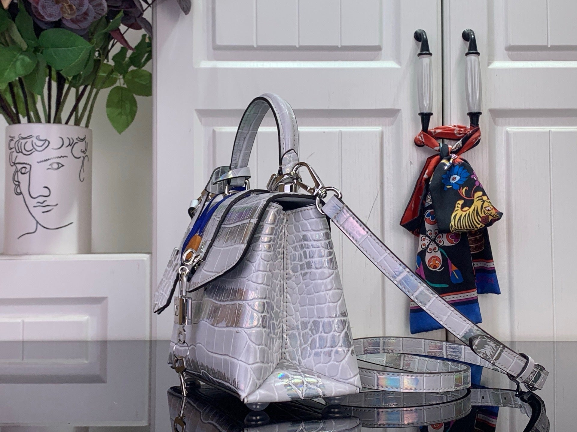 IRIDESCENT EMBOSSED TOP-HANDLE BAG