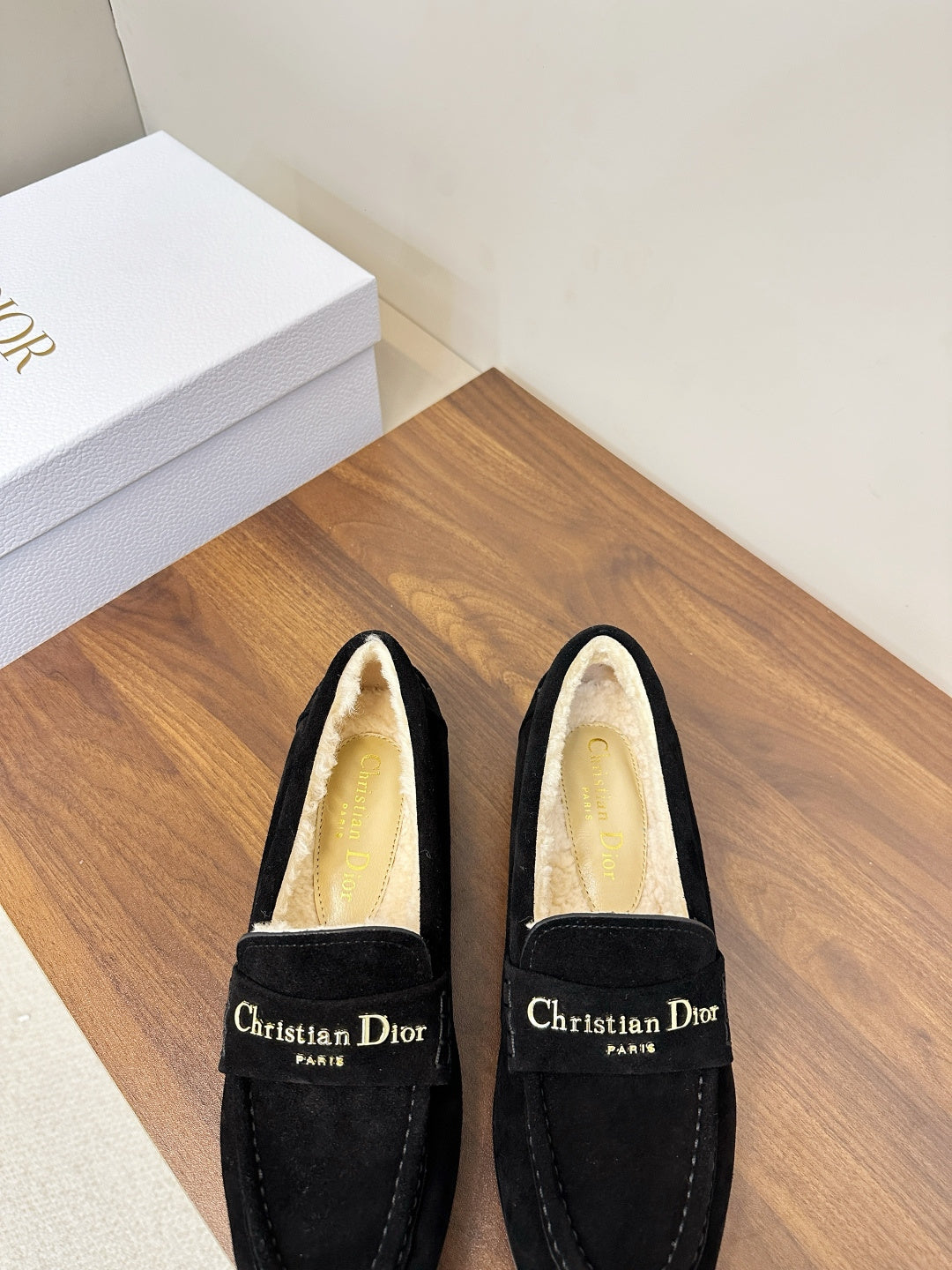 BLACK SUEDE FUR-LINED LOAFERS