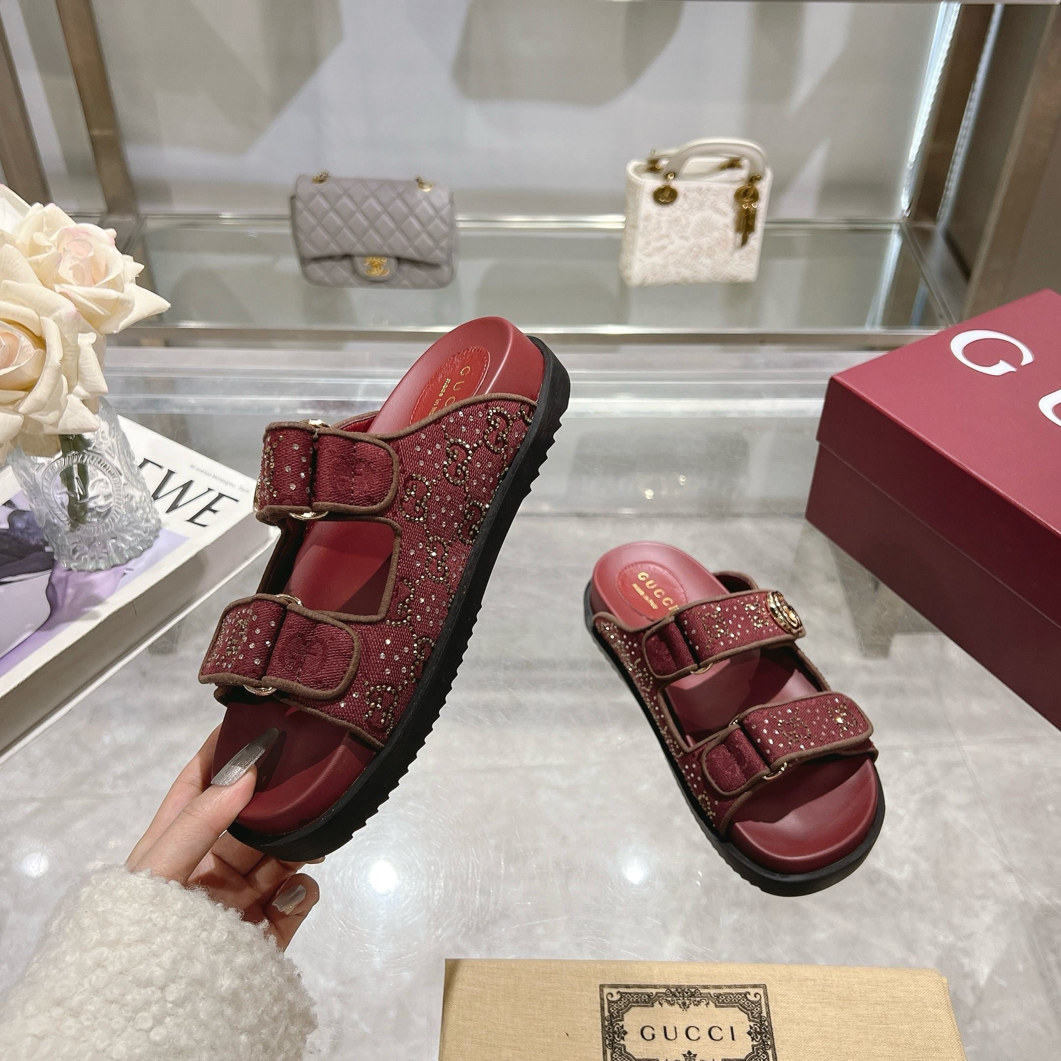 RED STUDDED DOUBLE-STRAP SLIDES