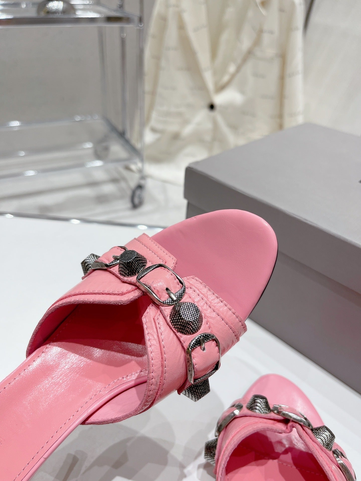 PINK EMBELLISHED MID HEEL MULE SANDALS