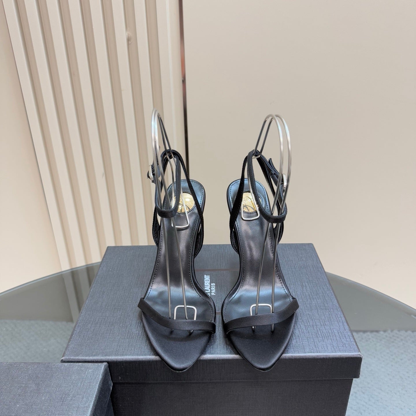 BLACK MINIMAL STRAP ANKLE HEEL SANDALS