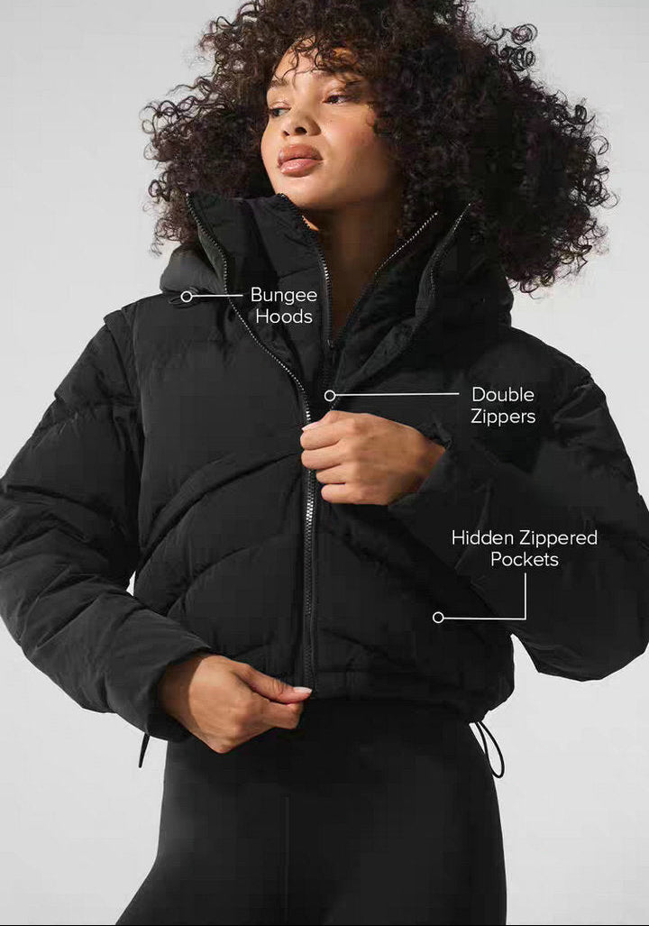 CROPPED HOODED PUFFER JACKET WITH ZIP FRONT