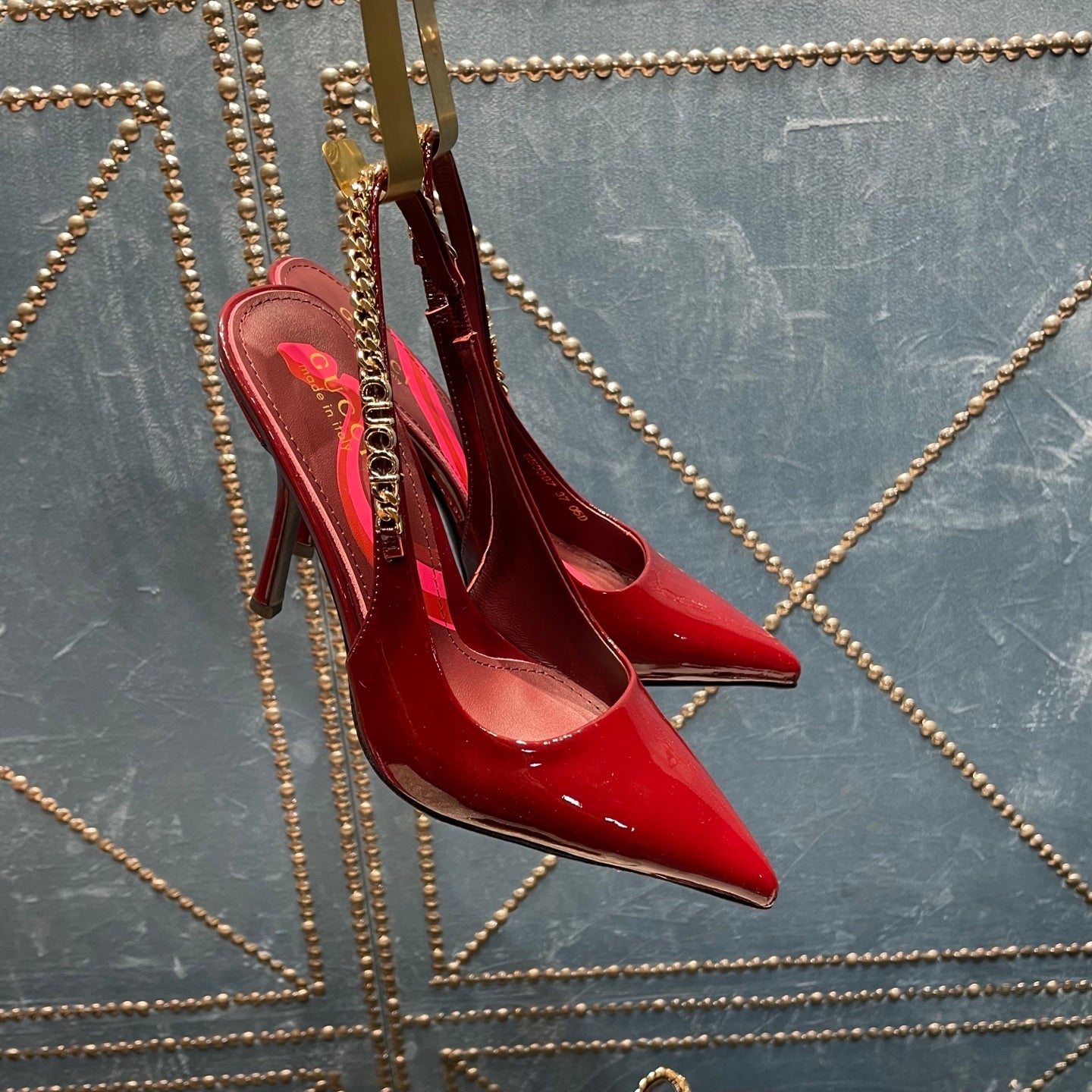 BURGUNDY PATENT CHAIN SLINGBACK PUMPS