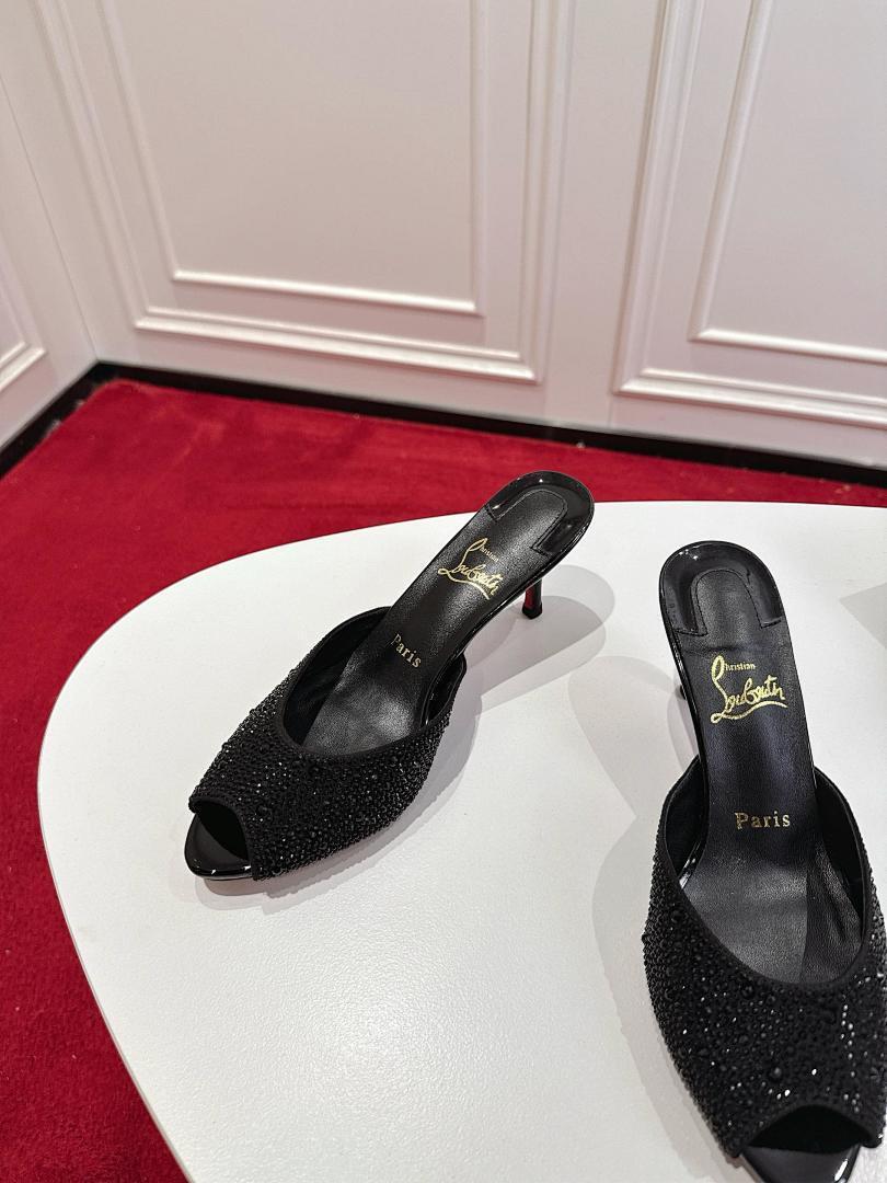BLACK CRYSTAL OPEN-TOE MULE HEELS