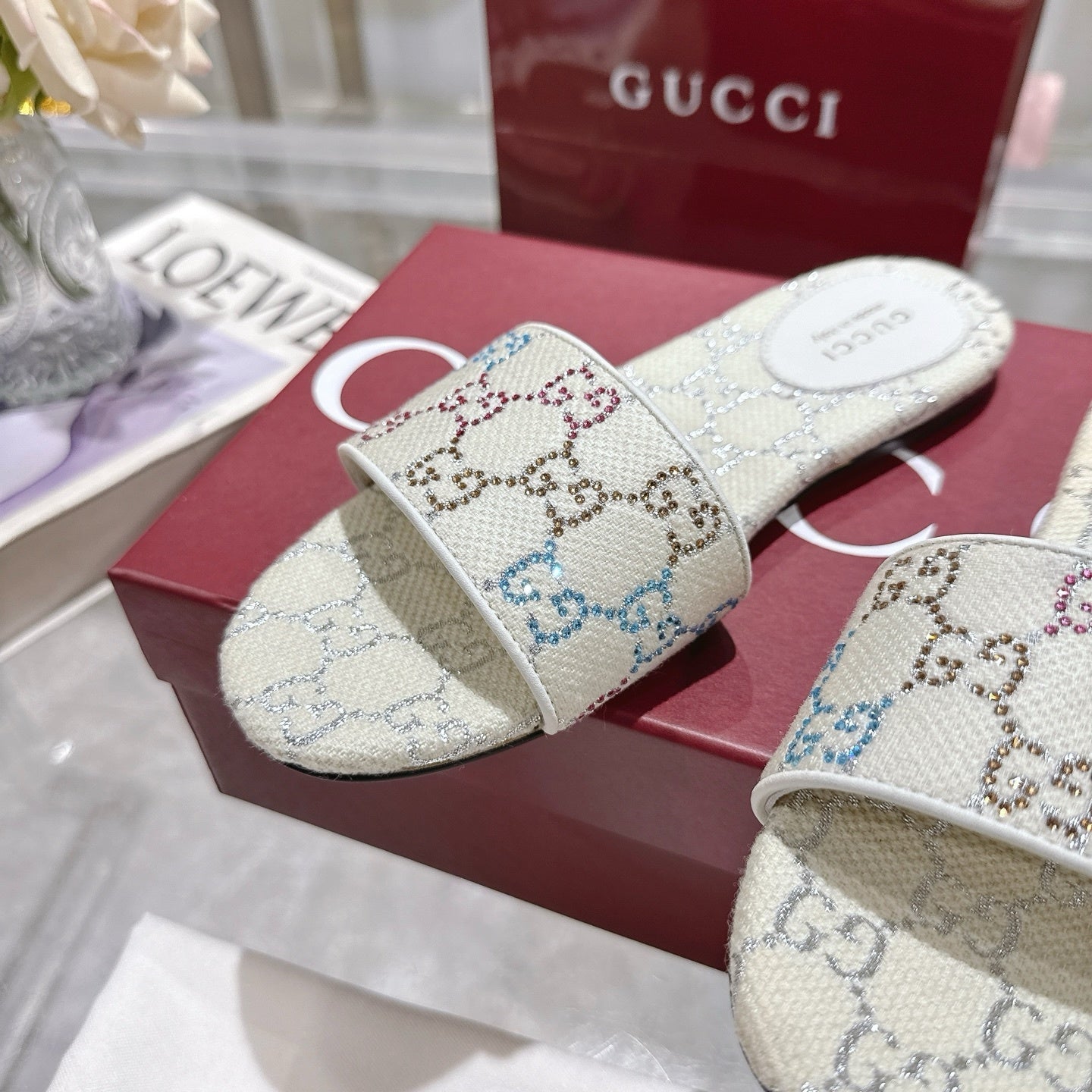 WHITE MULTICOLOR PATTERN SLIDE SANDALS