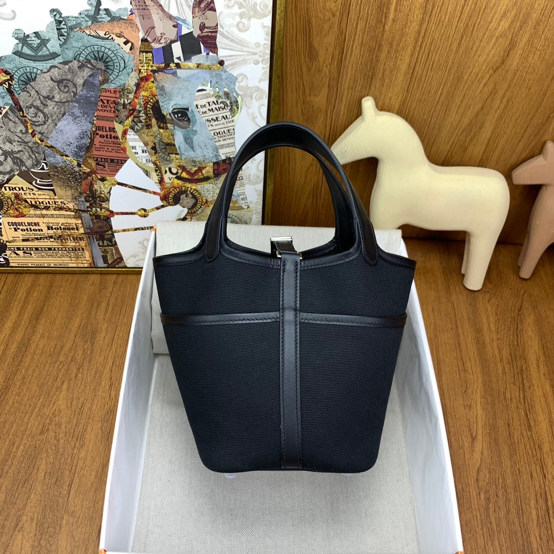 LUXURY BLACK CANVAS & LEATHER MINI PICOTIN STYLE HANDBAG