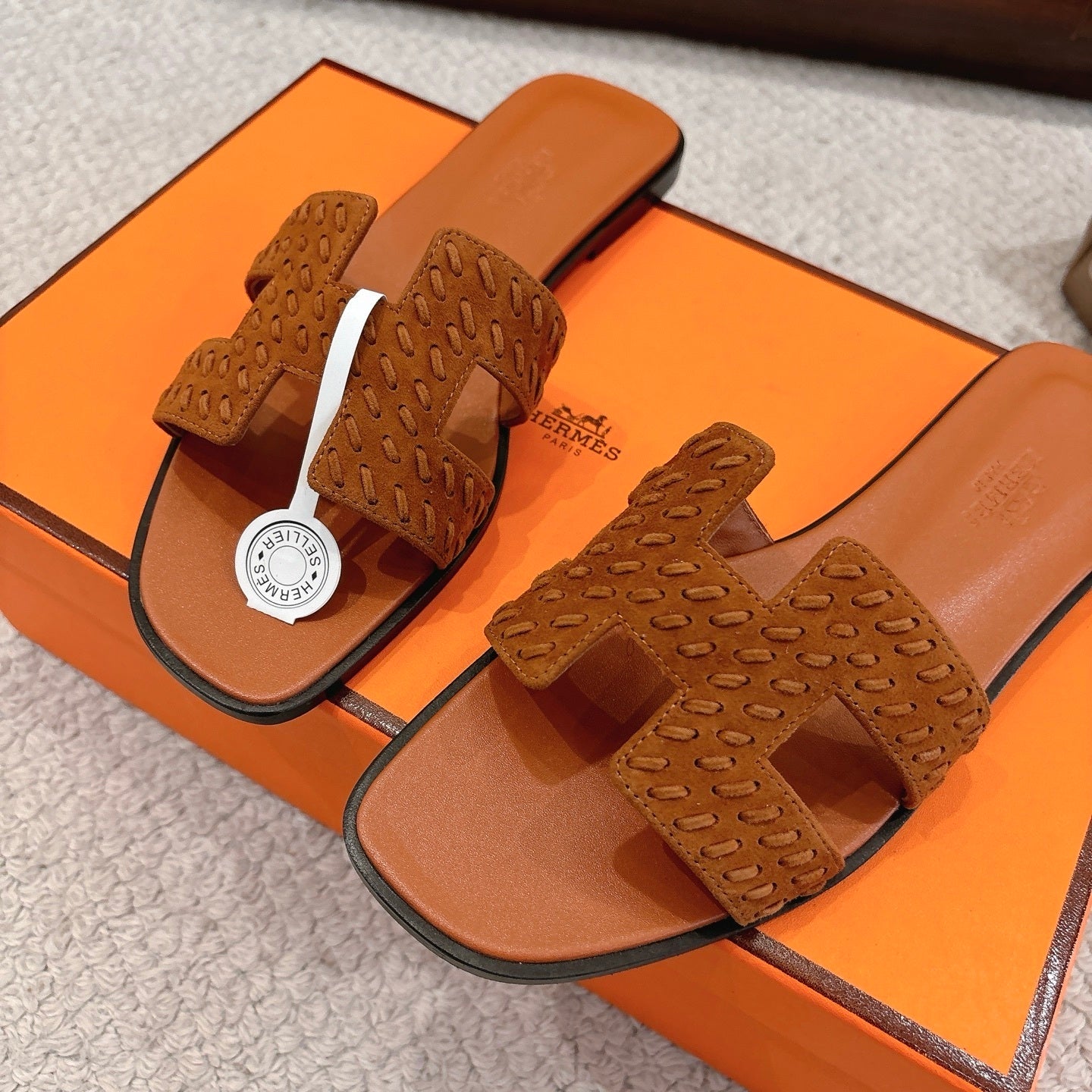 TAN SUEDE SLIDE SANDALS