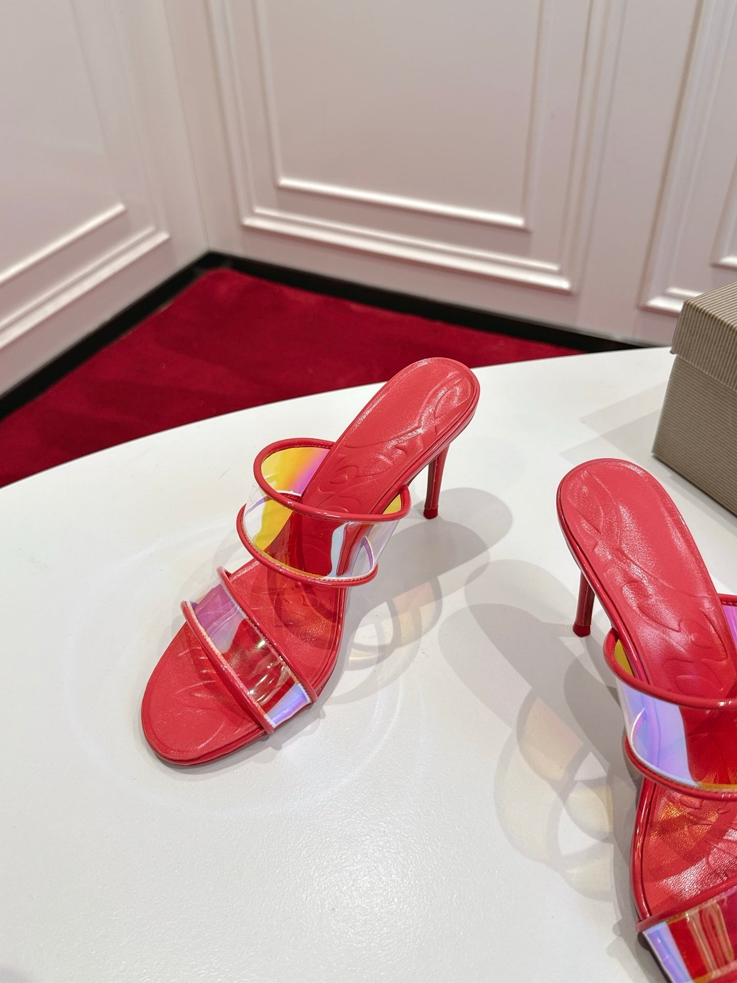 RED TRANSPARENT STRAP MULE HEELS