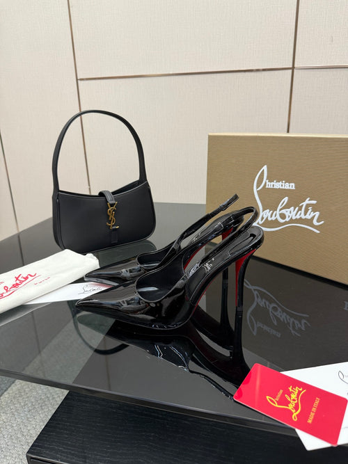 BLACK PATENT SLINGBACK POINTED HEELS
