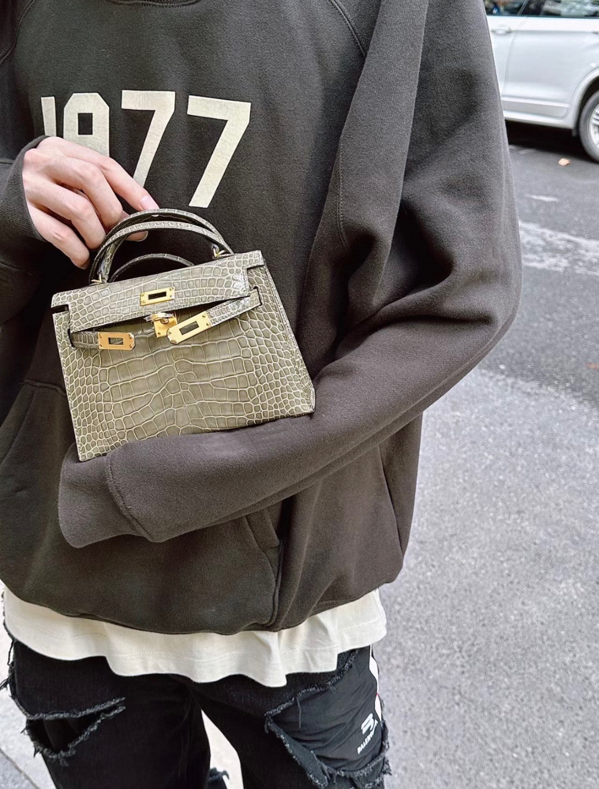 TAUPE CROCODILE EMBOSSED MINI TOP HANDLE HANDBAG WITH GOLD HARDWARE