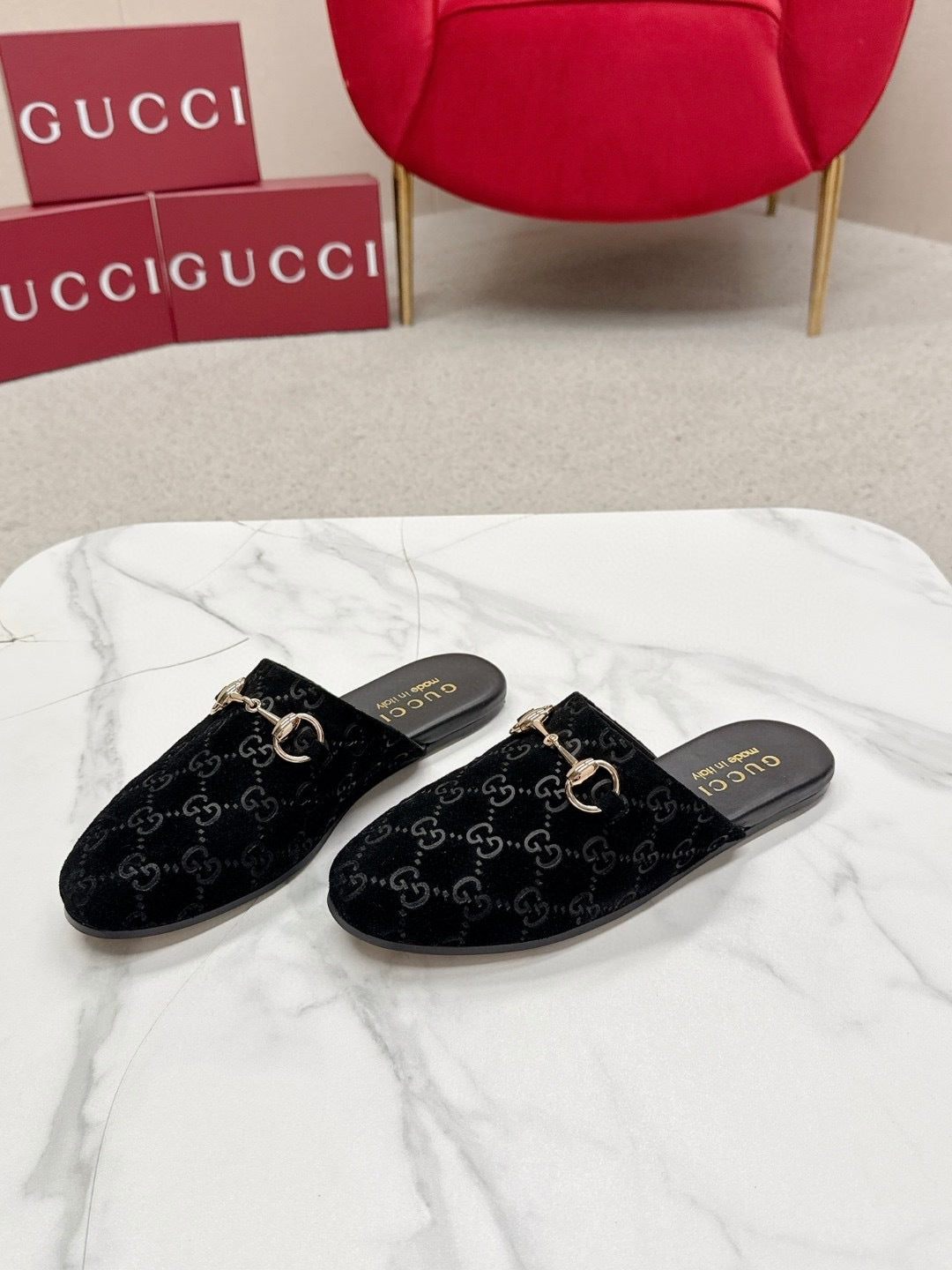 BLACK MONOGRAM VELVET HORSEBIT MULES