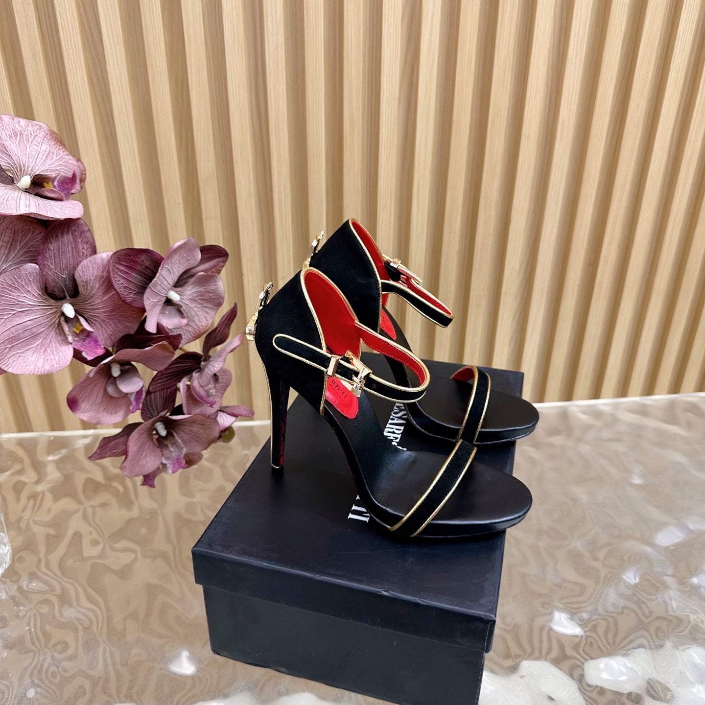 MINIMALIST ANKLE STRAP STILETTO SANDALS – BLACK & GOLD EDITION