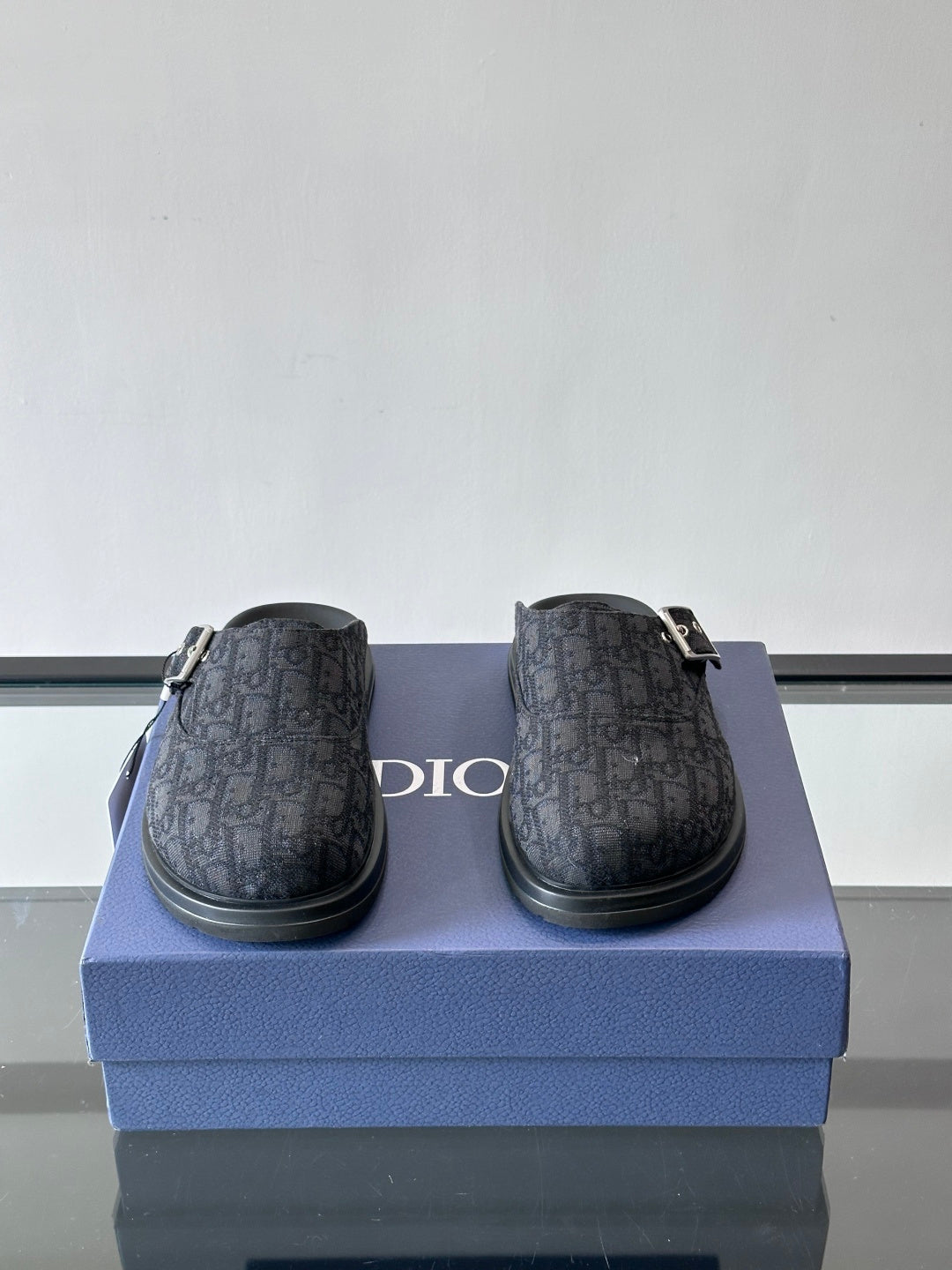 DARK MONOGRAM DESIGNER SLIDE MULES WITH METAL BUCKLE