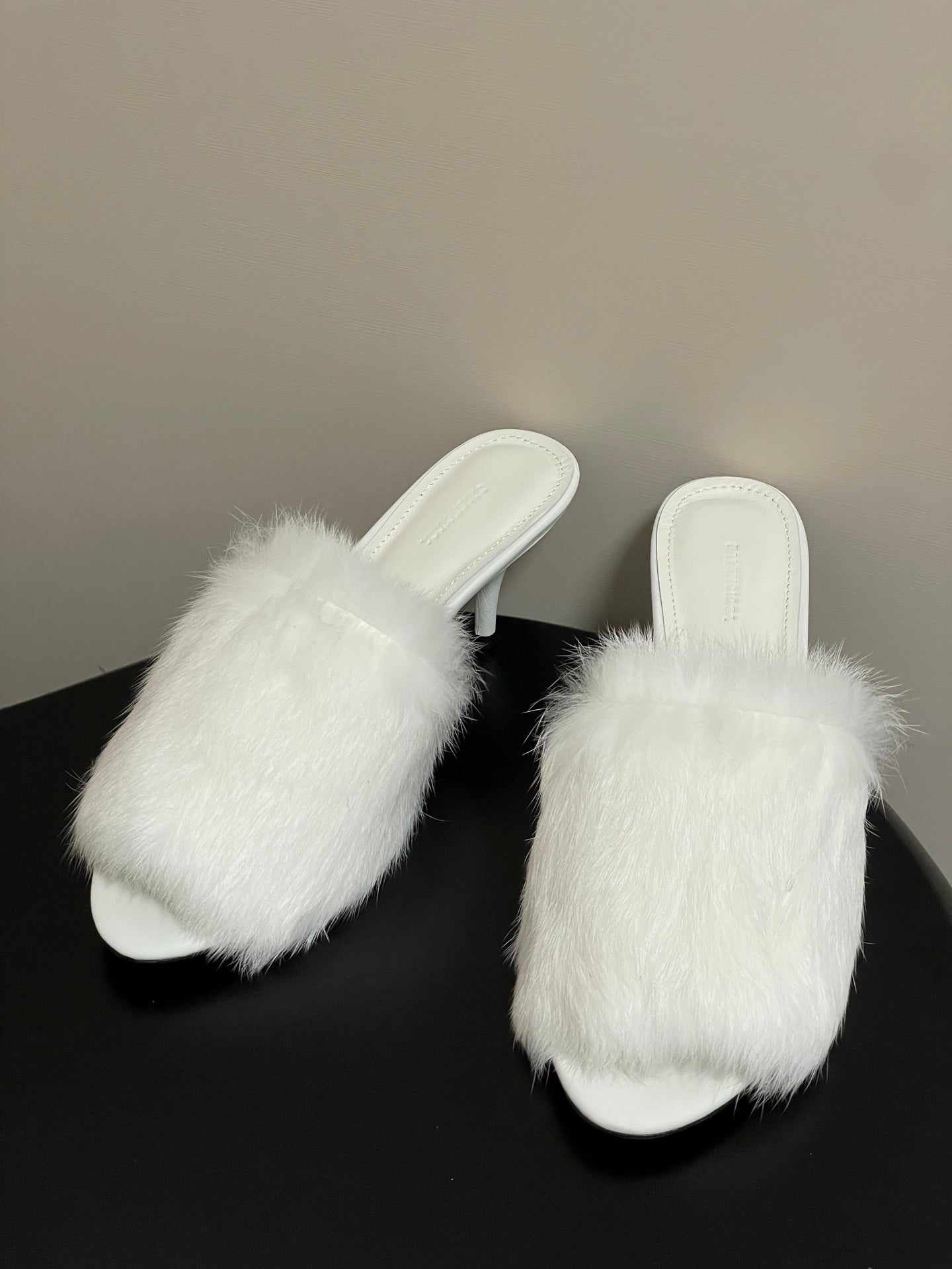 WHITE FUR STRAP MULE HEELS
