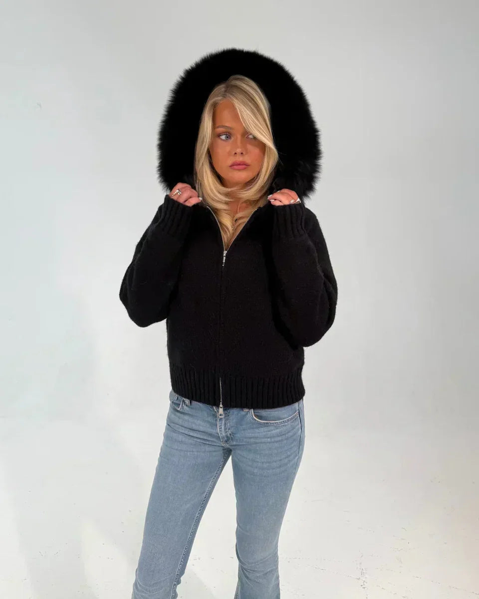FUR HOODED KNIT ZIPPER