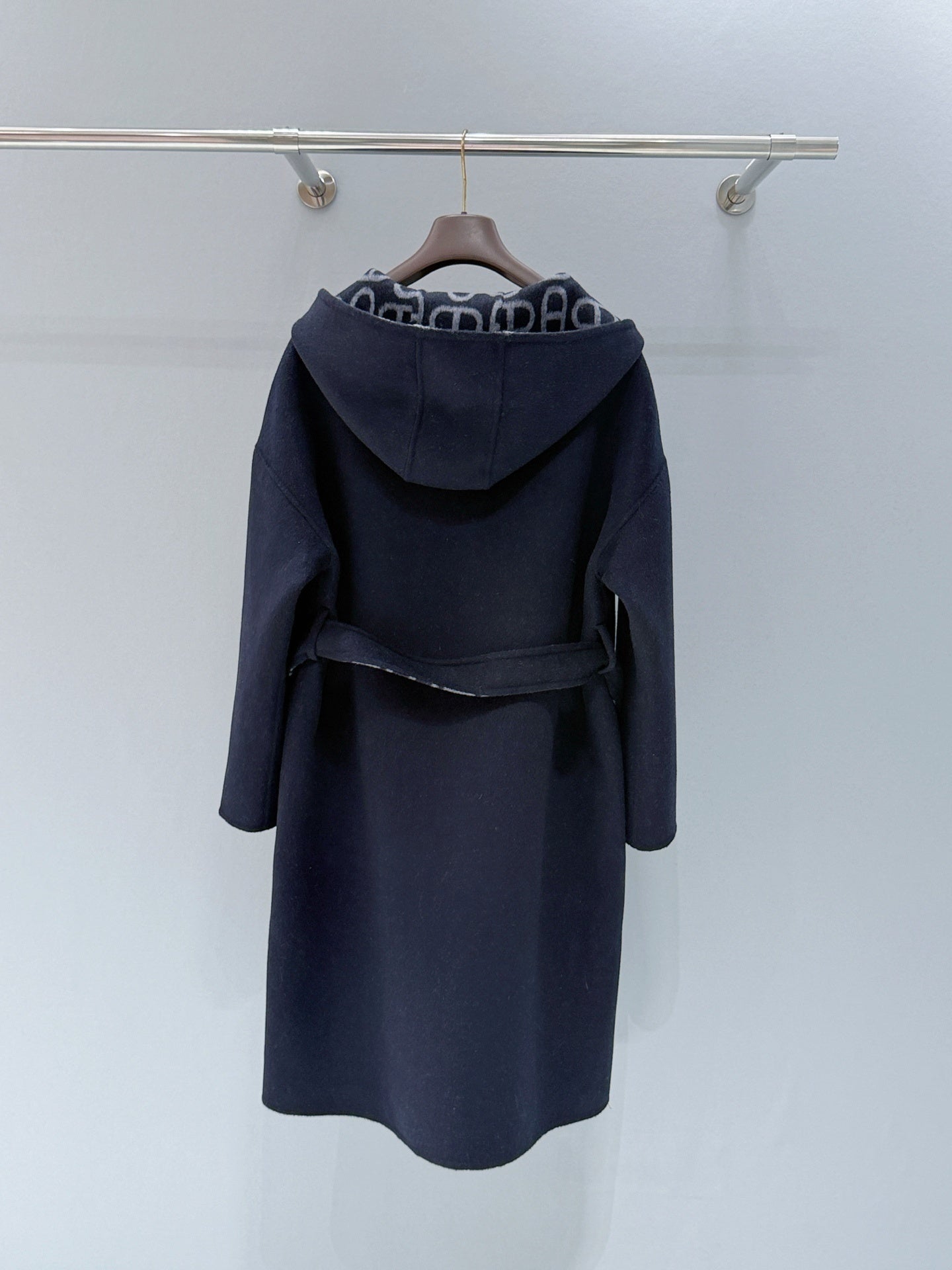 NAVY LONG COAT WITH HOOD, ZIP FRONT AND WAIST TIE