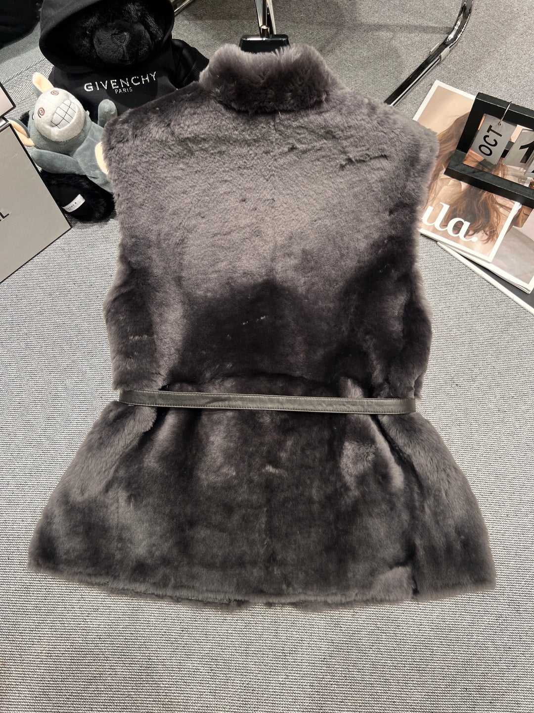 LUXURY GREY FUR VEST WITH LEATHER WAIST BELT