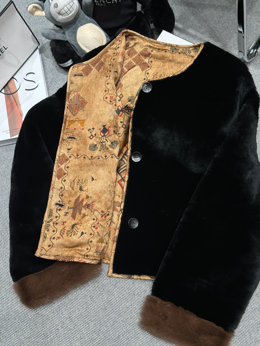 PLUSH BLACK JACKET WITH CONTRAST TRIM AND BUTTON FRONT