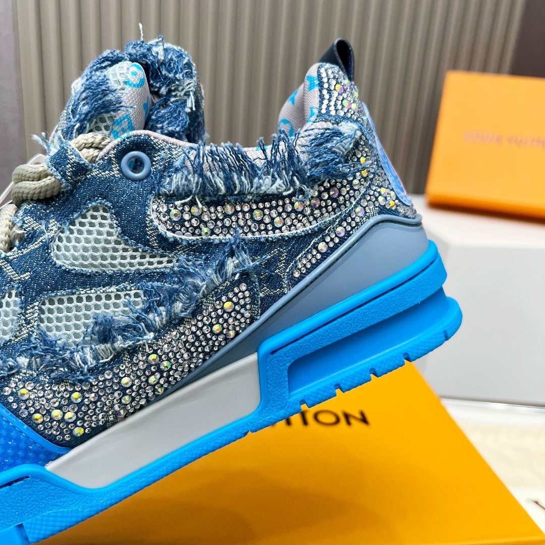 DENIM CRYSTAL-EMBELLISHED PLATFORM SNEAKERS IN BLUE