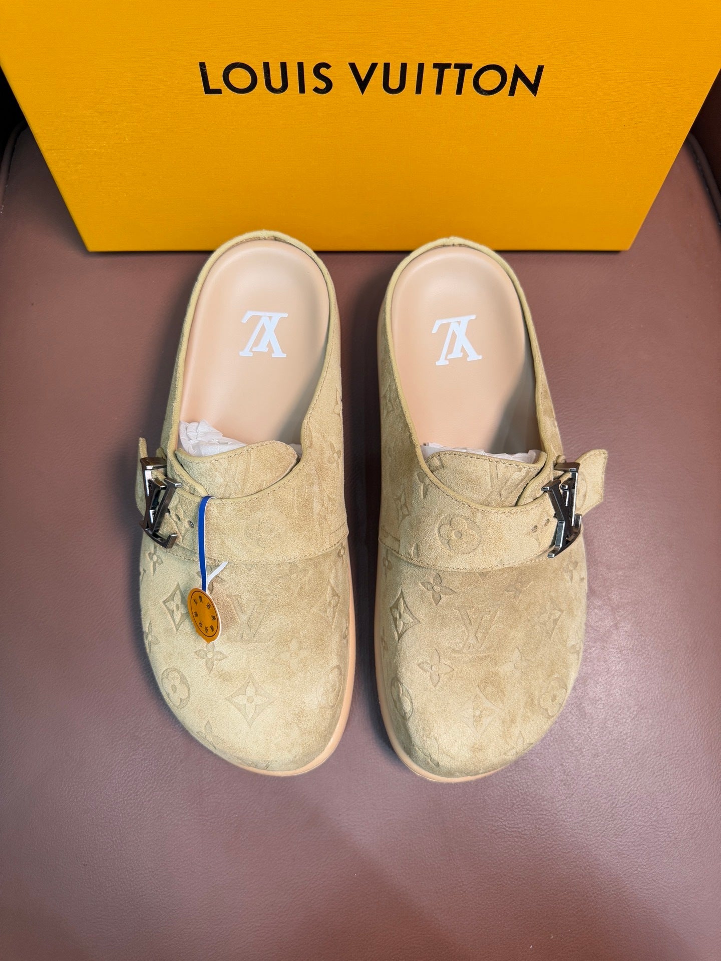 SUEDE MONOGRAM SLIDE CLOGS