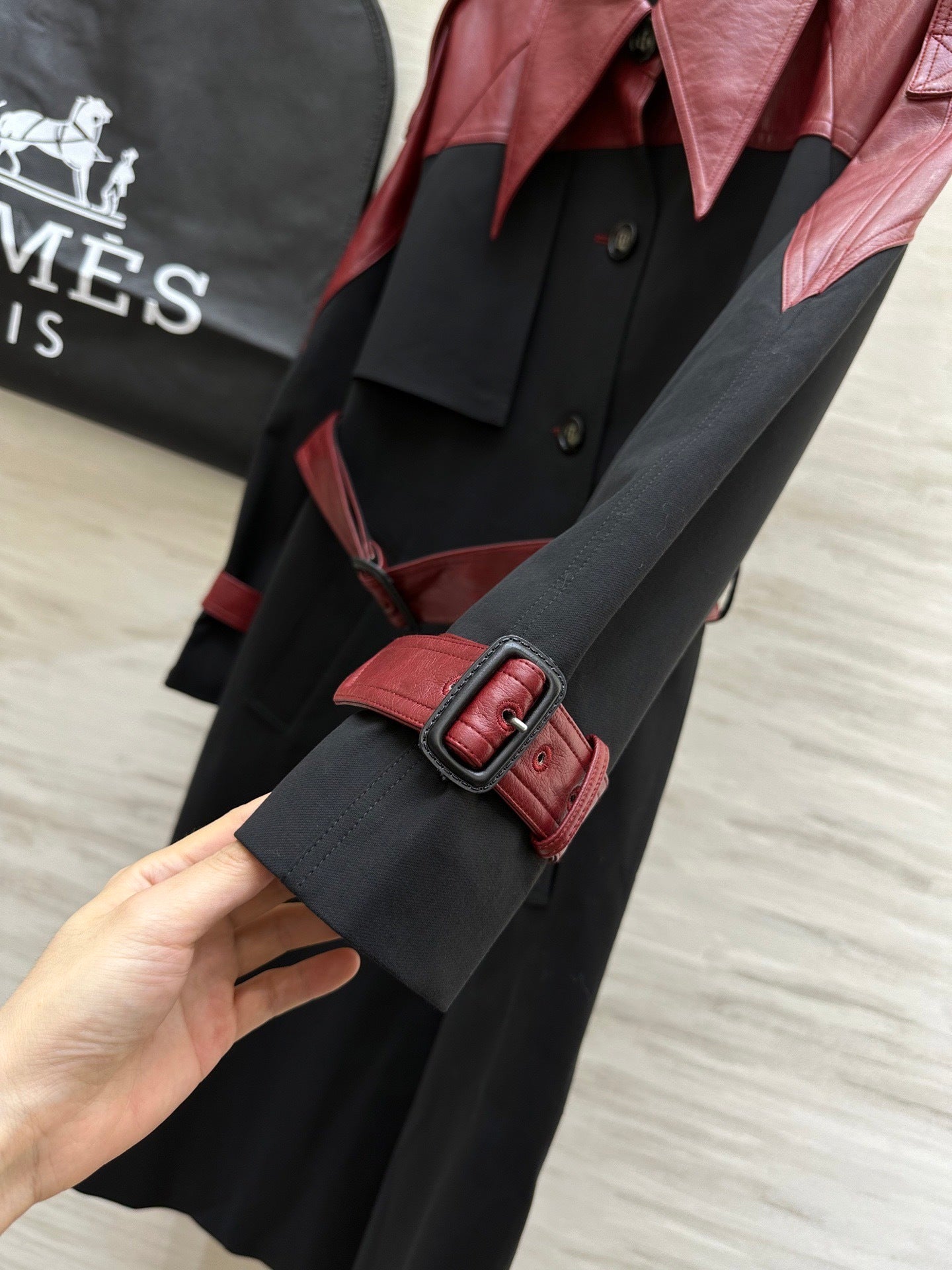 TWO-TONE BELTED LONG COAT WITH LEATHER ACCENTS