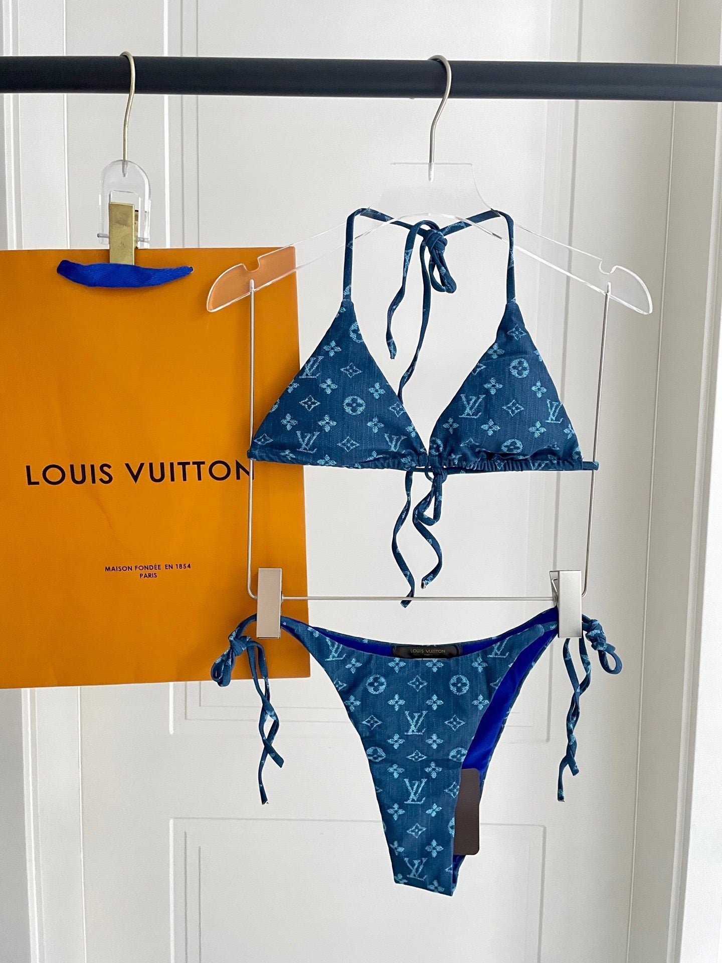 BLUE MONOGRAM TRIANGLE STRING BIKINI SET