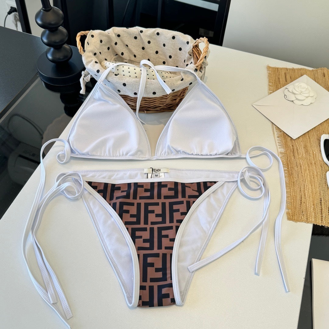 BROWN MONOGRAM TRIANGLE BIKINI SET WITH WHITE TRIM