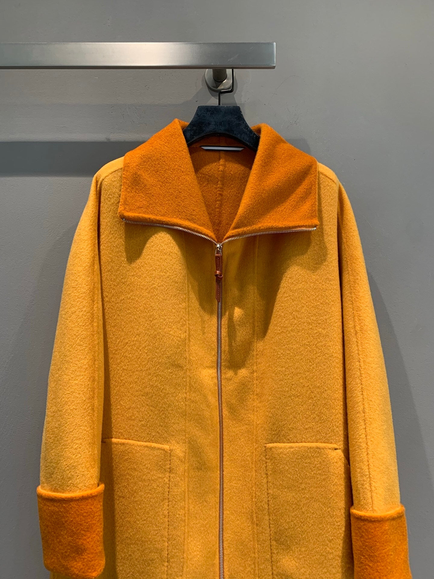 LUXURY SAFFRON WOOL COAT WITH ZIP FRONT & OVERSIZED COLLAR