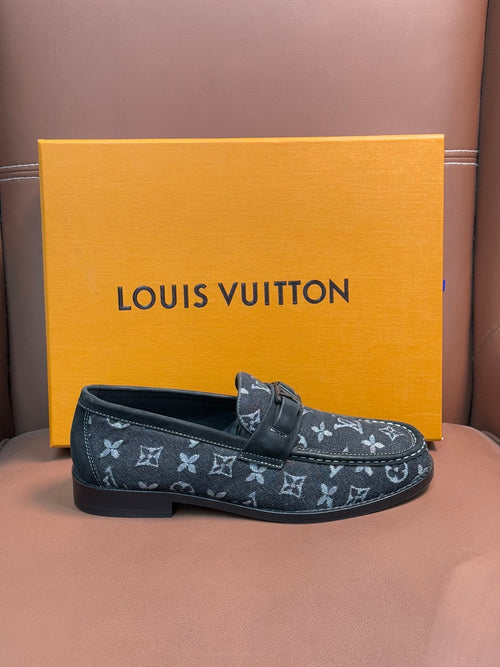 BLACK MONOGRAM CANVAS LOAFERS WITH METAL DETAIL