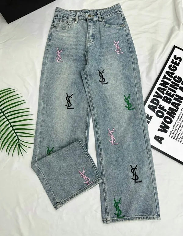 MULTI-COLOR LOGO EMBROIDERED STRAIGHT LEG JEANS