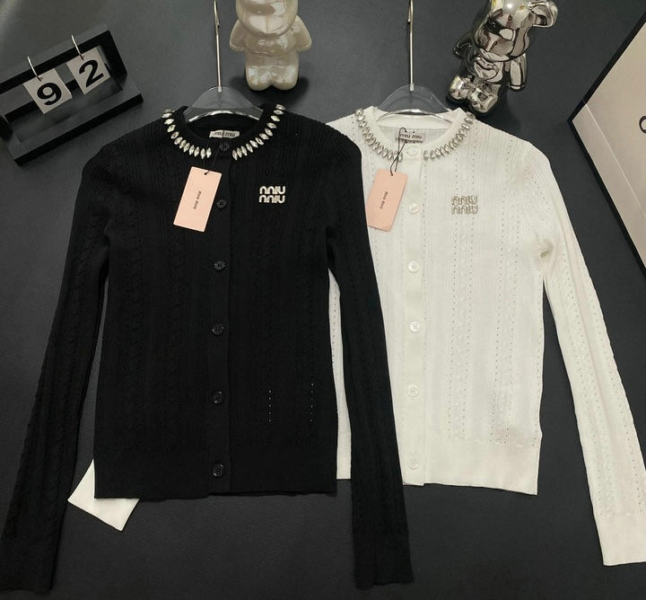 JEWELED COLLAR KNIT CARDIGAN