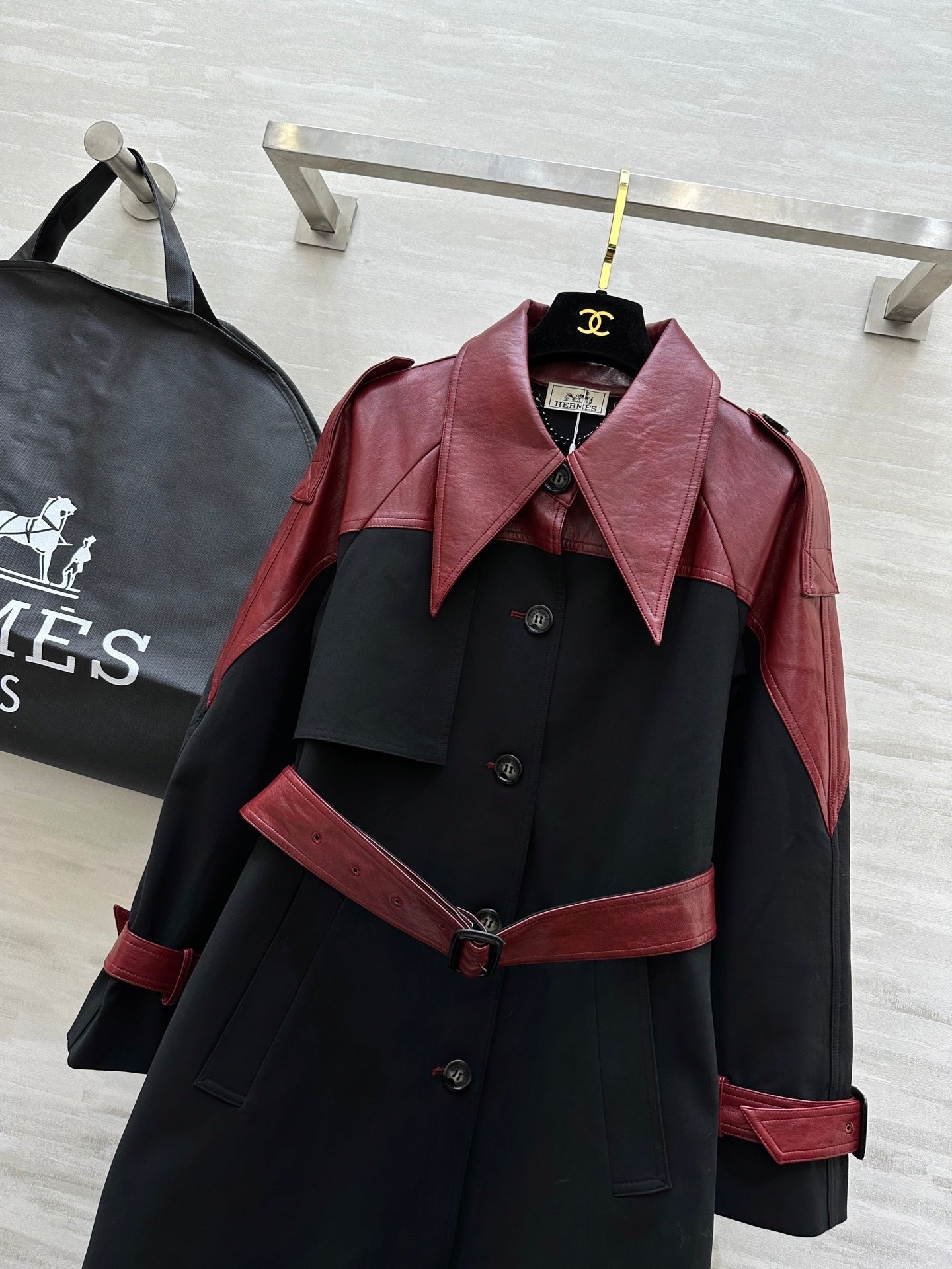 TWO-TONE BELTED LONG COAT WITH LEATHER ACCENTS