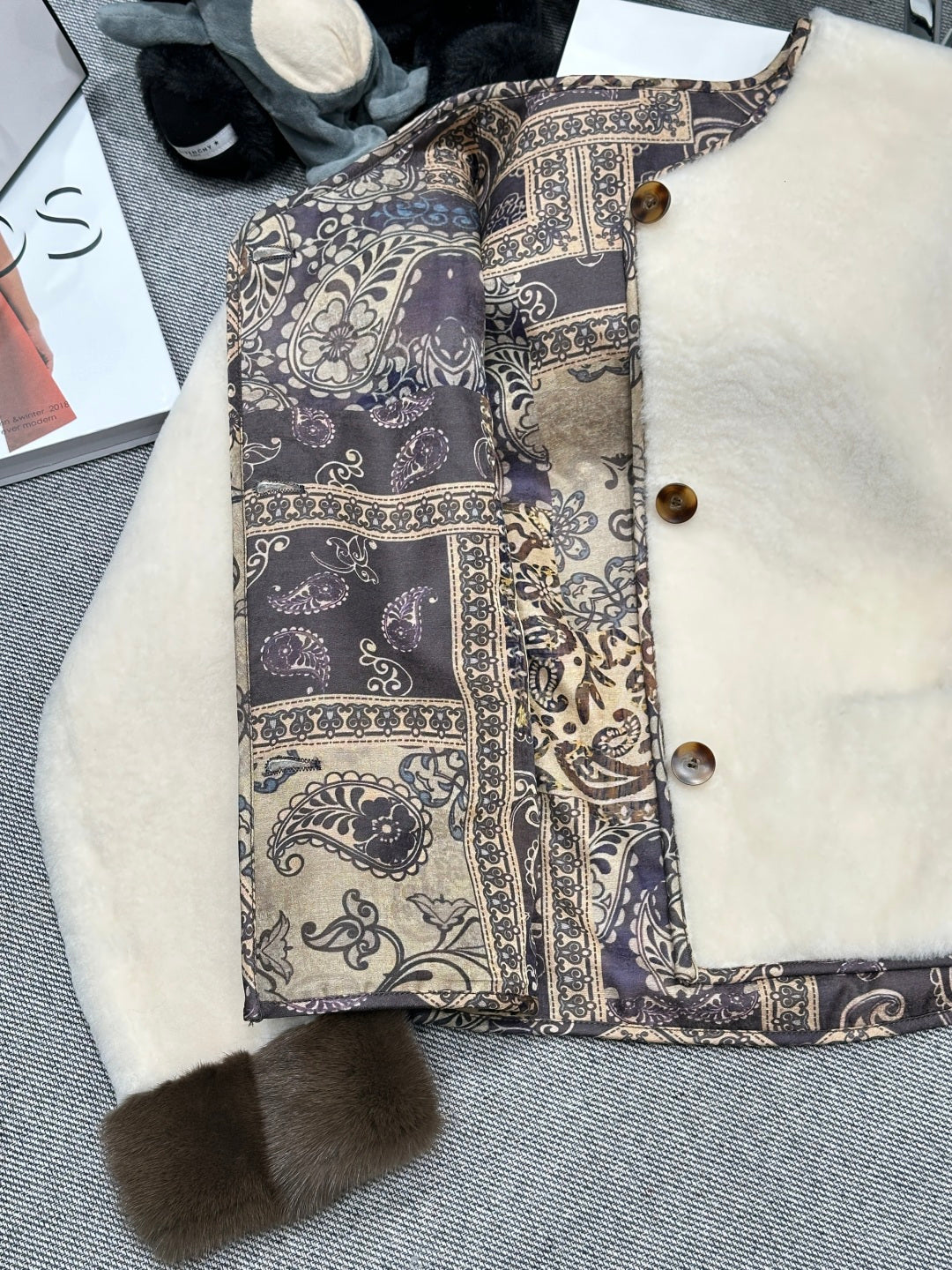 IVORY SOFT-SHEARLING JACKET WITH PATTERNED TRIM DETAILS