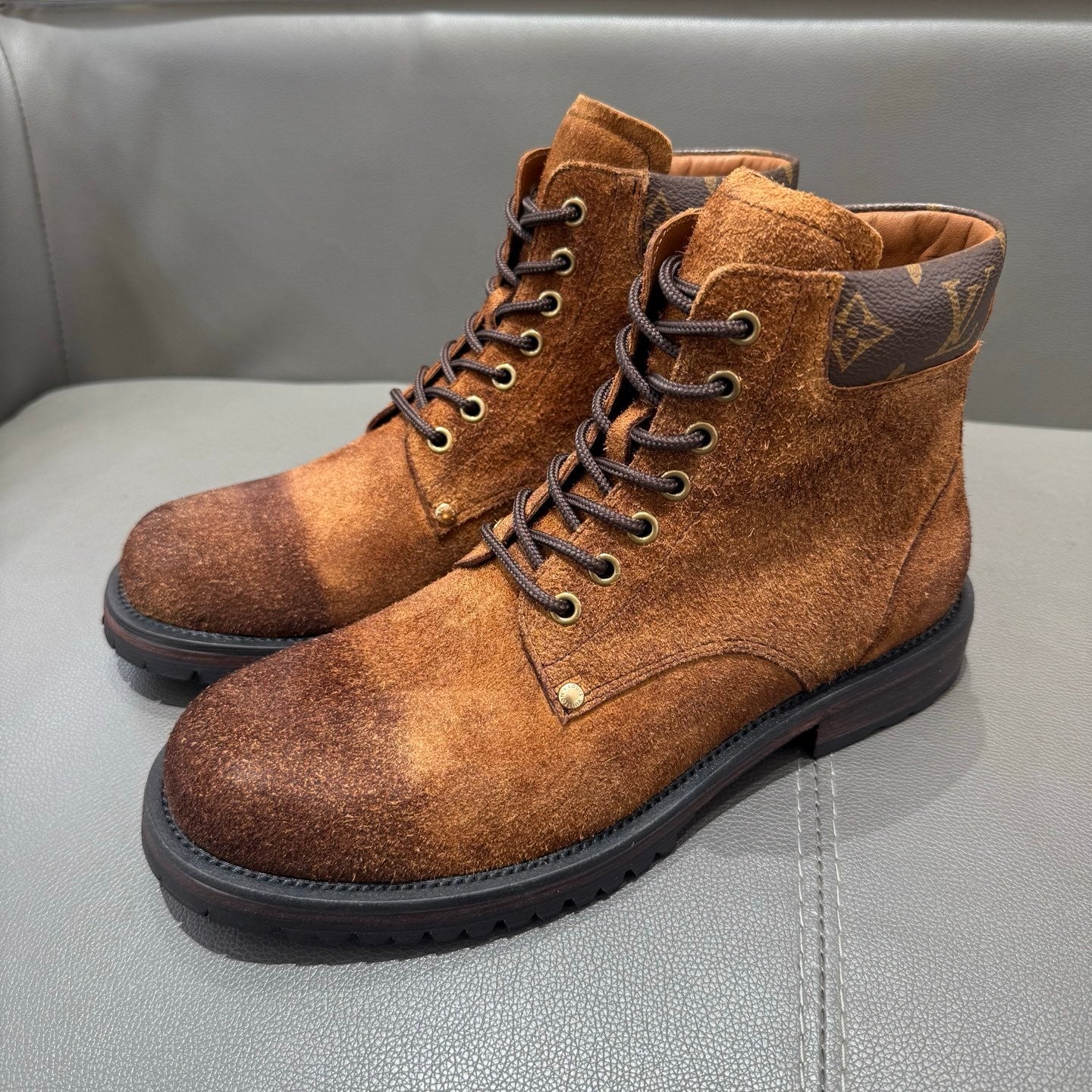 BROWN SUEDE MONOGRAM LACE-UP BOOTS