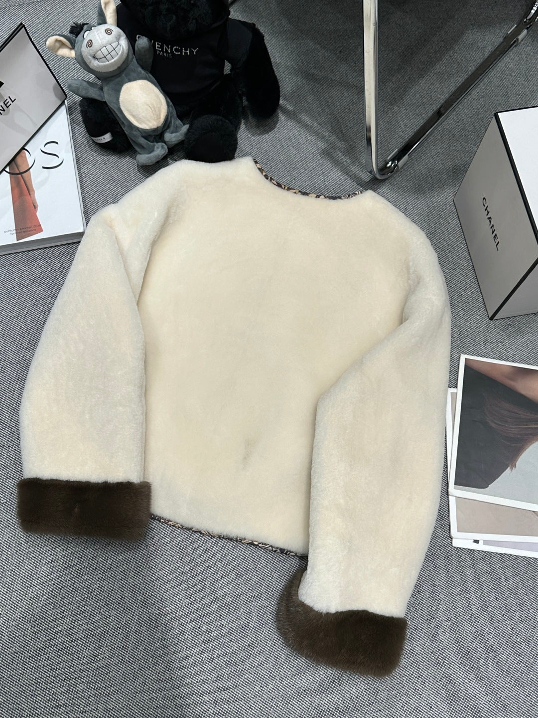 IVORY SOFT-SHEARLING JACKET WITH PATTERNED TRIM DETAILS