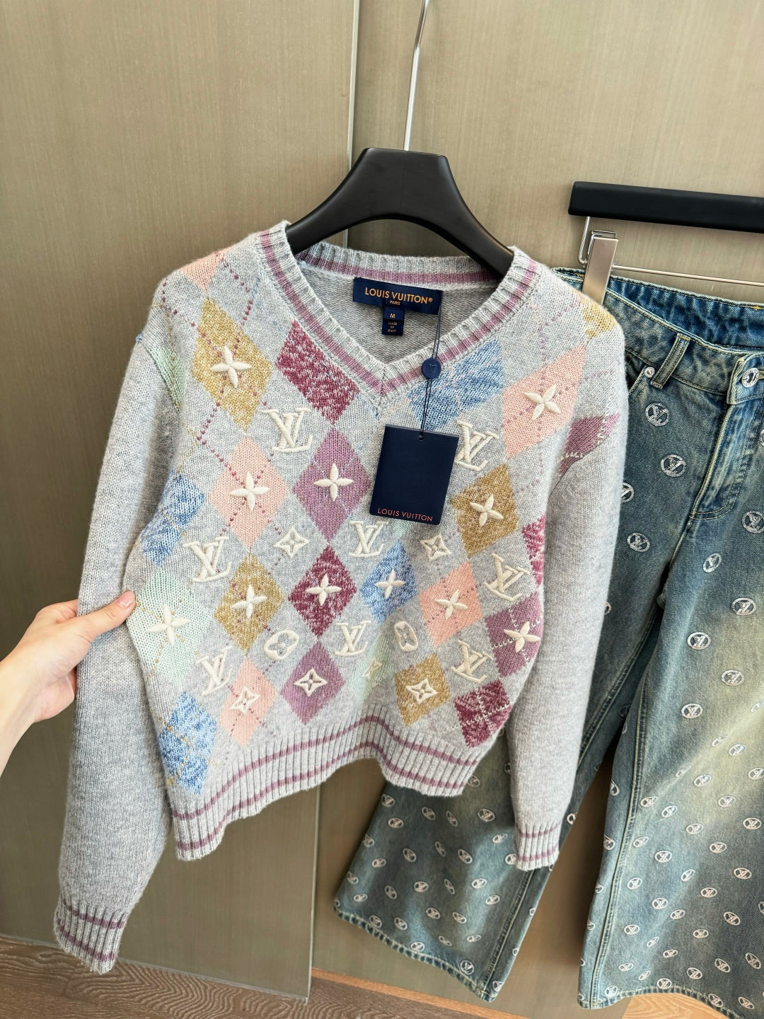 ARGYLE KNIT SWEATER WITH EMBROIDERED DETAILS