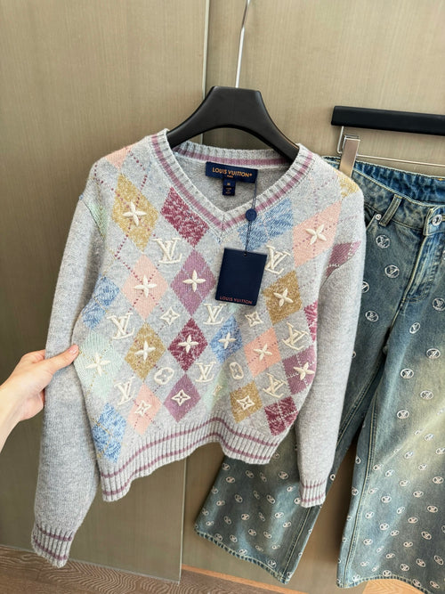 ARGYLE KNIT SWEATER WITH EMBROIDERED DETAILS